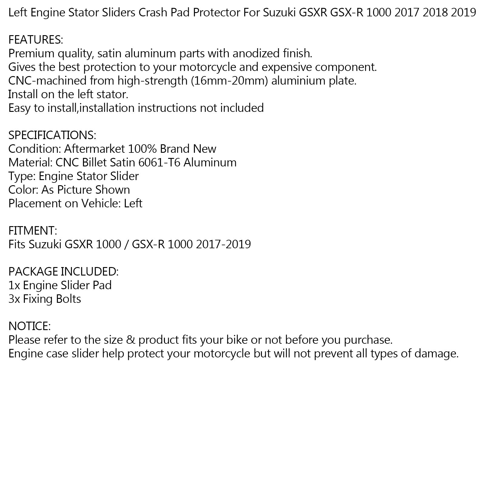 Crash Sliders Protector Motor Izquierdo para Suzuki GSXR 1000 / GSX-R 1000 2017-19 Genérico