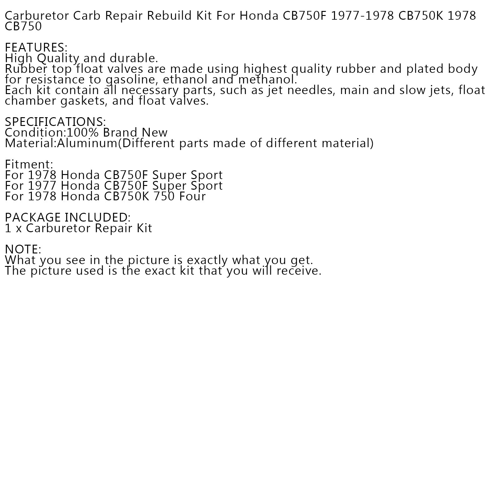 Carburetor Repair Rebuild Kit For Honda CB750F Super Sport 1977-1978 CB750K Four Generic