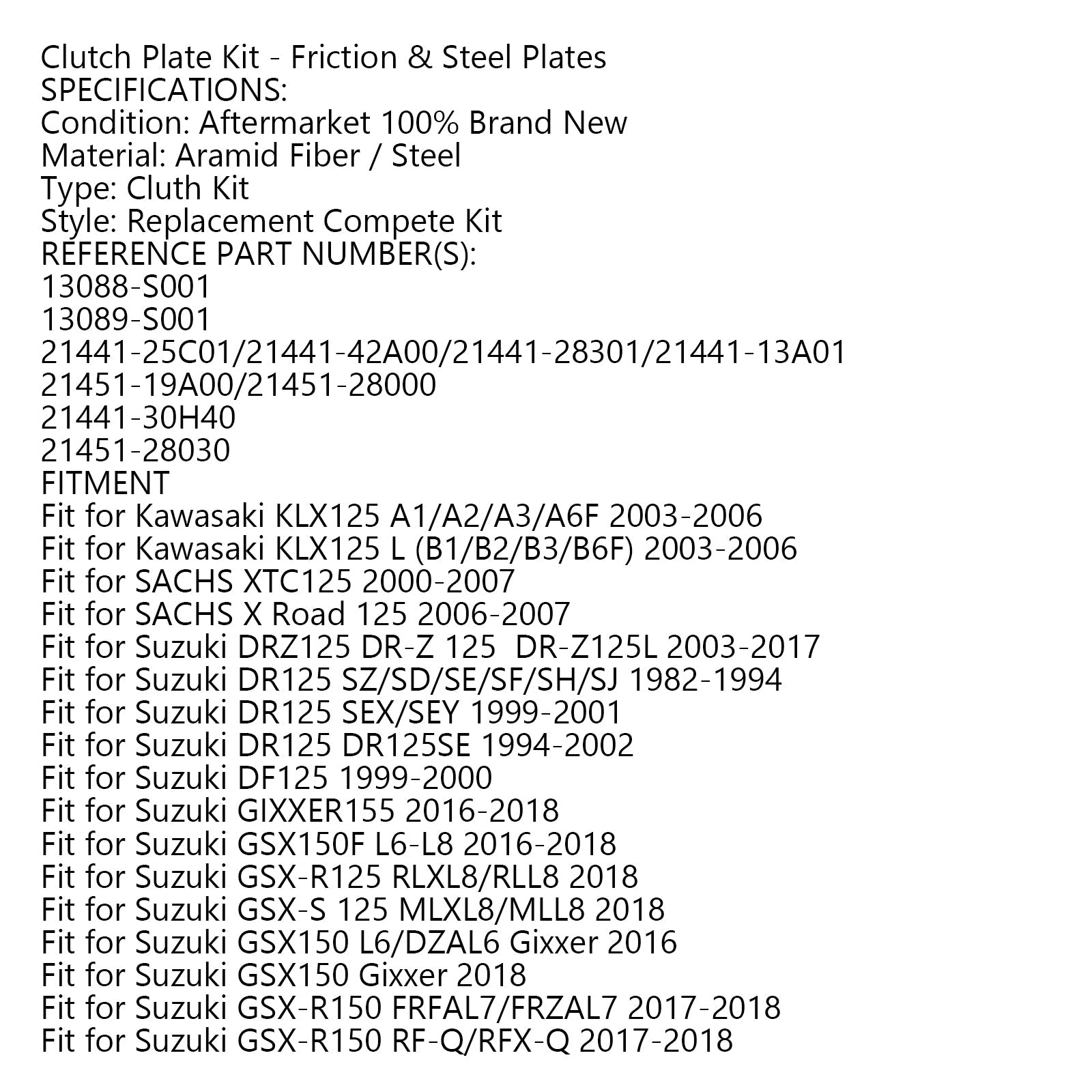 Clutch Kit Steel & Friction Plates fit for Kawasaki KLX125 Suzuki GN125 GSX-R150 Generic