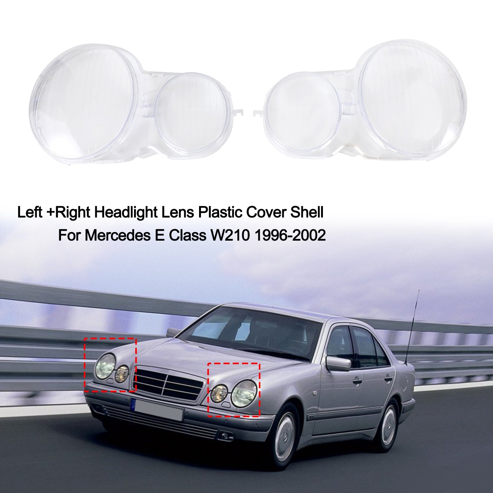 Mercedes E Class W210 1996-2002 Left + Right Headlight Lens Plastic Cover Shell