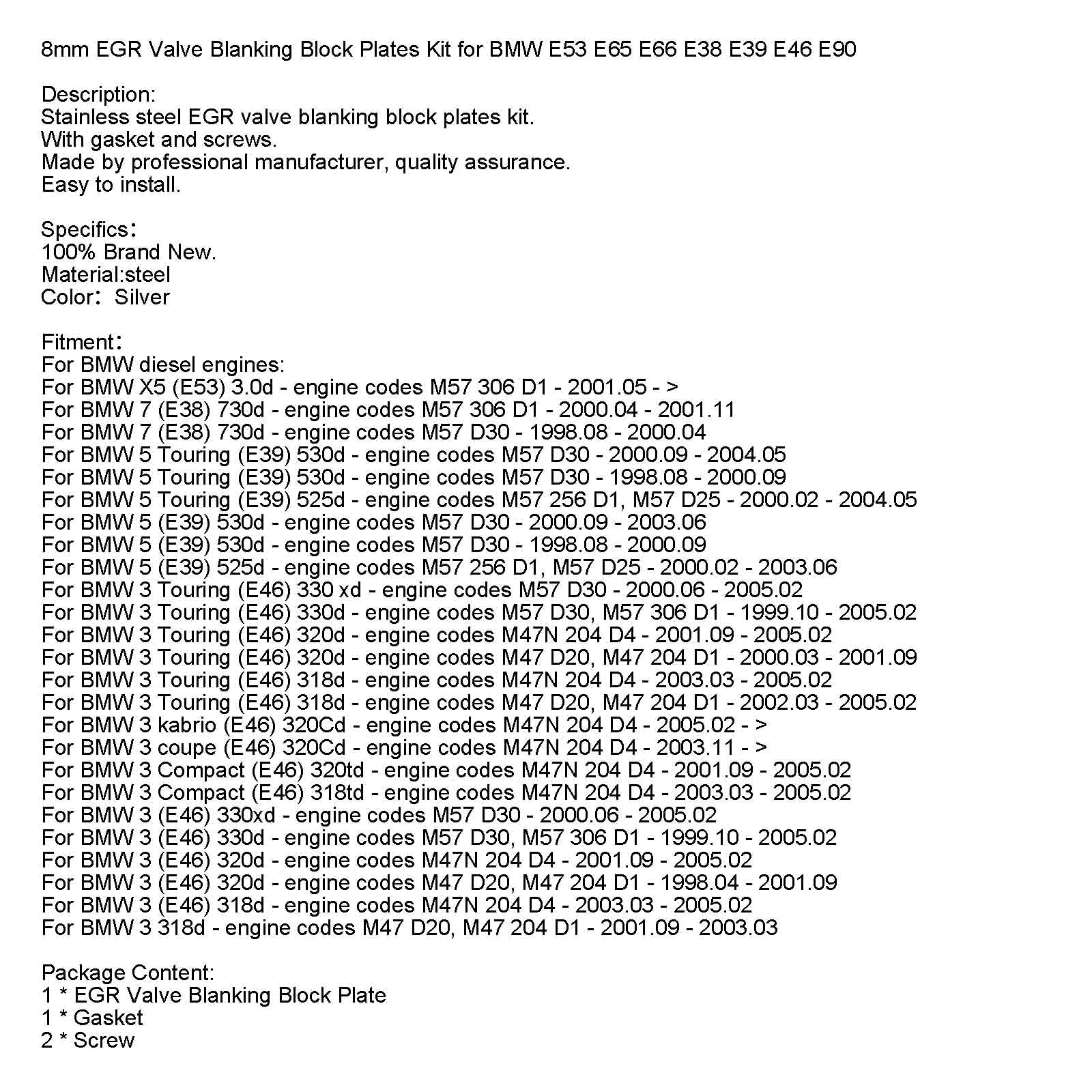 8mm EGR Valve Blanking Block Plates Kit for BMW E53 E65 E66 E38 E39 E46 E90 Generic