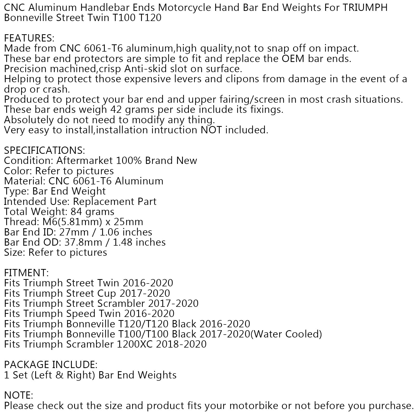 Par de tapas de extremo de barra CNC para Triumph Bonneville T100 T120 Street Twin Cup 2016-2020 genérico