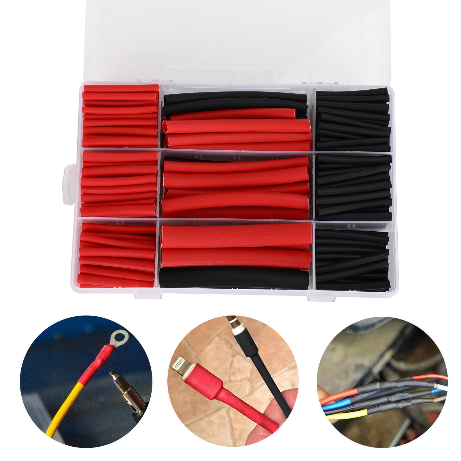 300Pcs 3:1 Dual Wall Adhesive Heat Shrink Tubing 10 Sizes 2 Color Kit Black Red