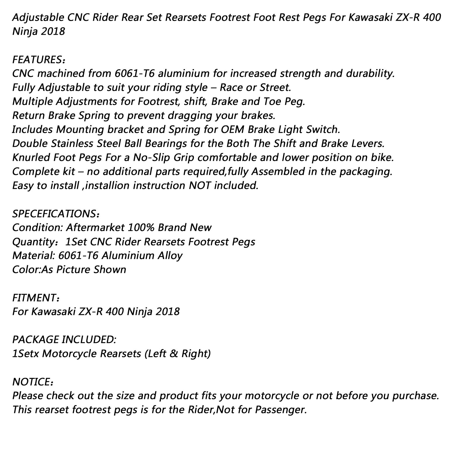 Rearsets Rear Sets Footpegs Footrest For Kawasaki ZX-R 400 Ninja 2018-2019 Generic