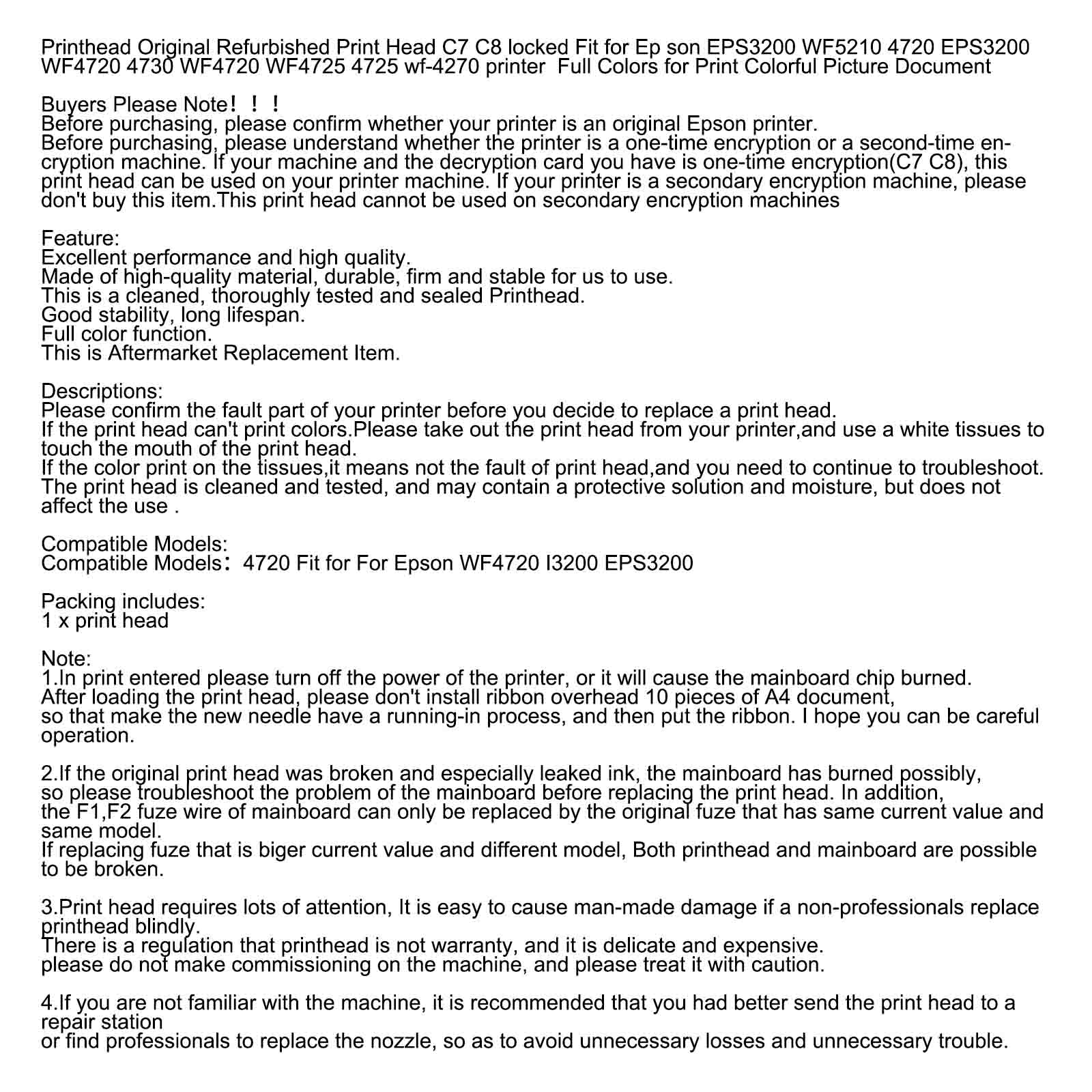 PRINT HEAD C7 C8 locked for Epson WF4720 4730 EPS3200 Full Colors