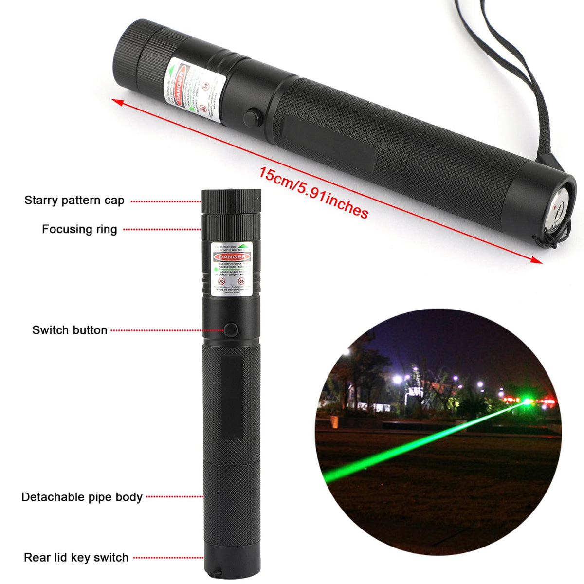 500Mile Lightweight 532nm 303 Green Laser Pointer Visible Beam Light Lazer Pen+18650+Charger