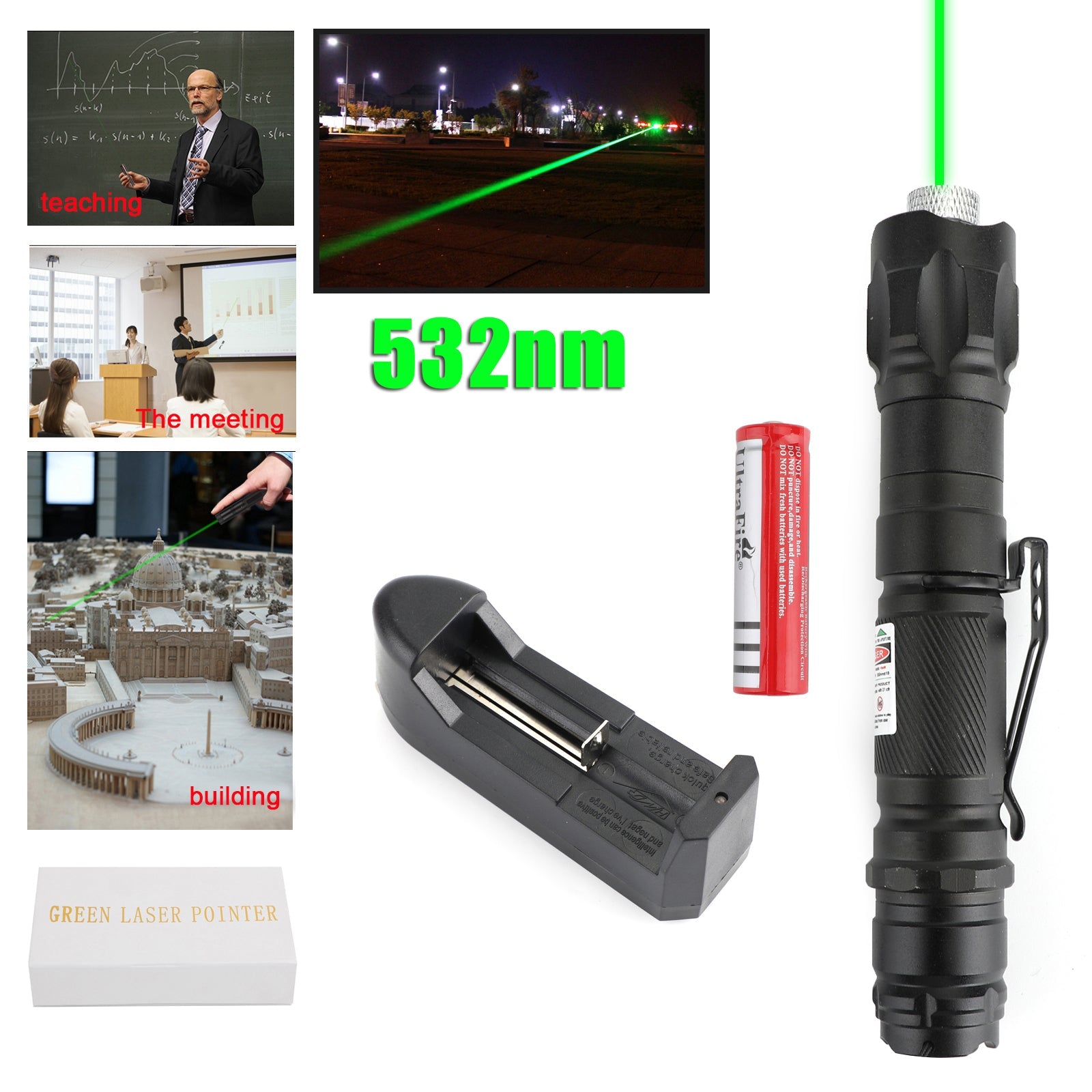 Military 532nm Green Laser Pointer Pen Visible Beam + Battery + Star Cap
