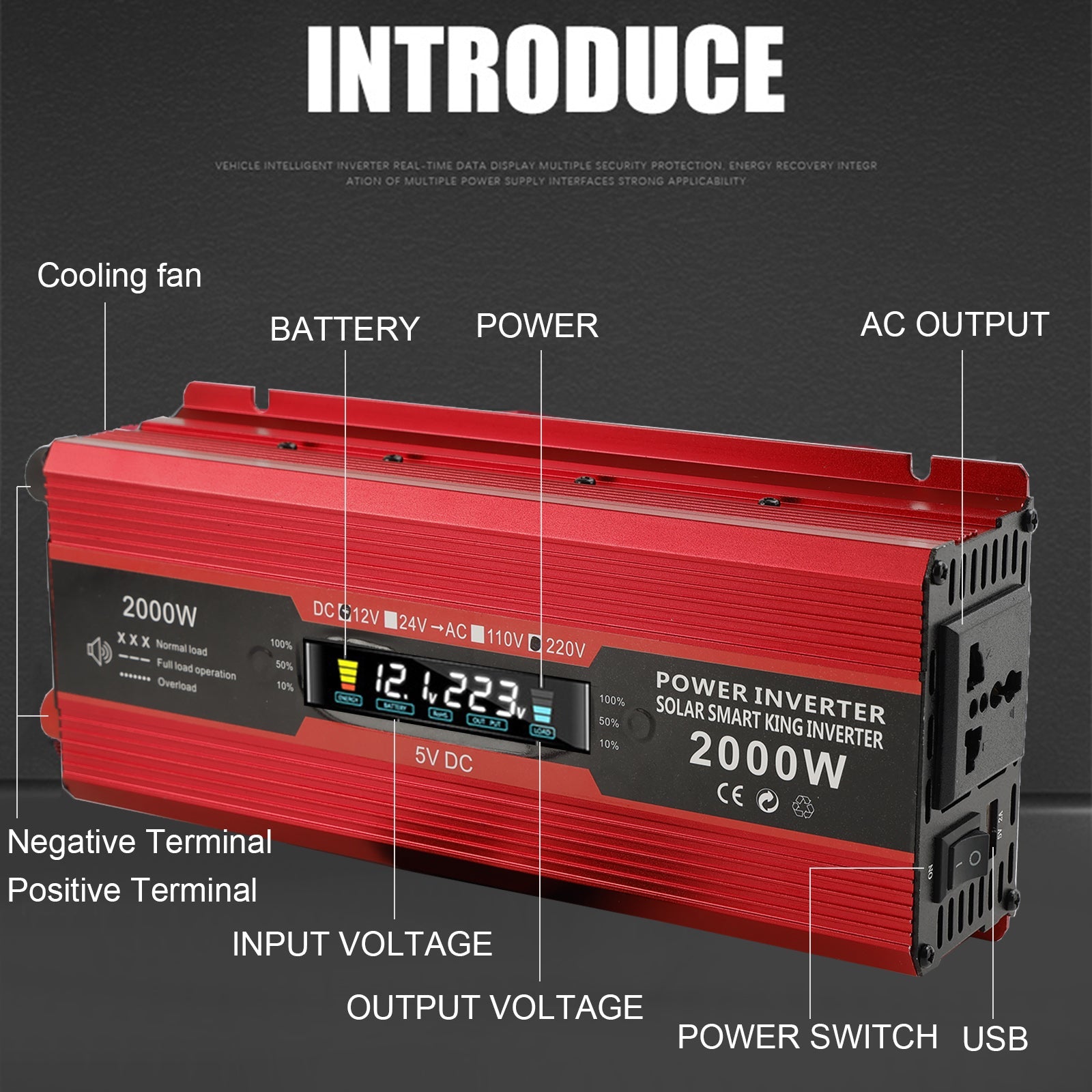 자동차 전원 변환기 인버터 DC 12V ~ AC 220V LCD 2000W 변압기 LED 디스플레이