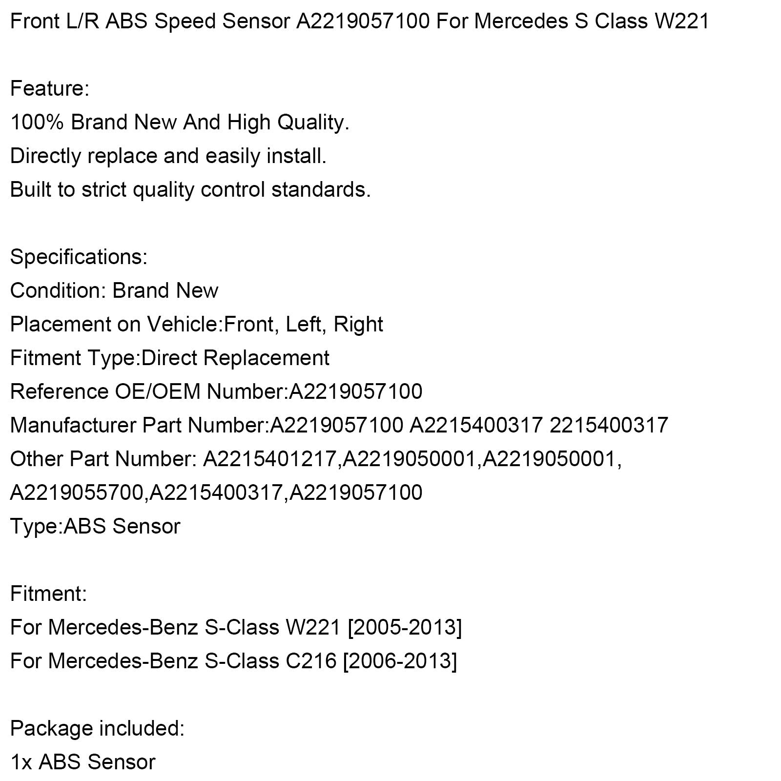 메르세데스 S 클래스 W221 제네릭 프론트 L/R ABS 속도 센서 A2219057100