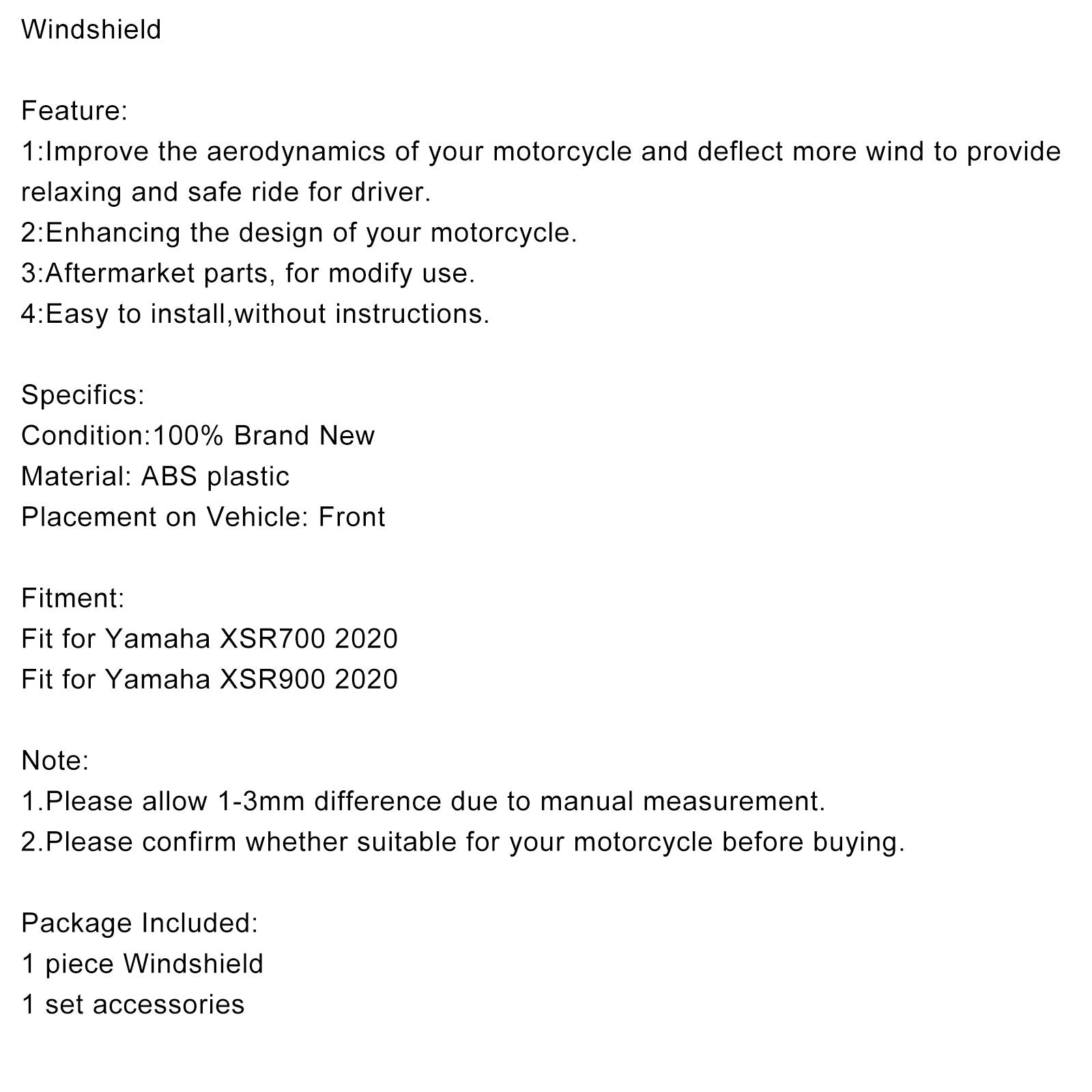 ABS Plastic Motorcycle Windshield WindScreen for Yamaha XSR700 XSR900 2020 Generic