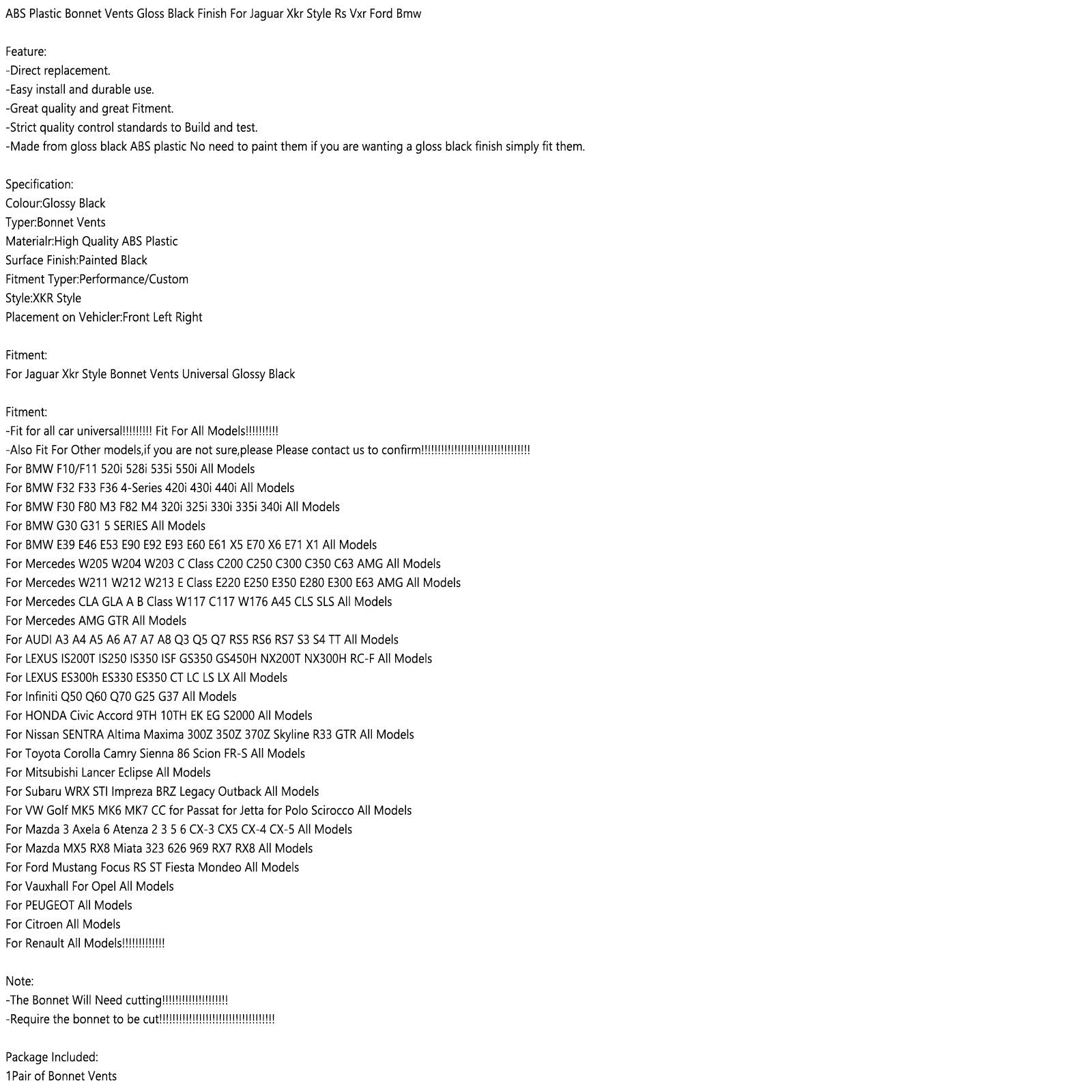 ABS Plastic Bonnet Vents Gloss Black Finish For Jaguar Xkr Style Rs Vxr Ford Bmw