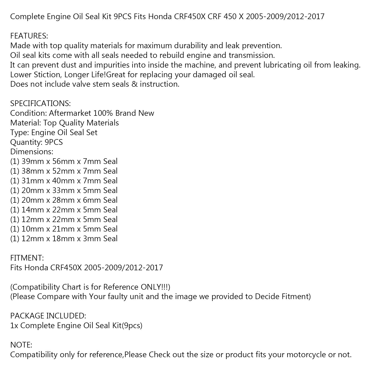 Engine Oil Seal Kit Set 9pcs Seals for Honda CRF450X 2005-2009, 2012-2017 NEW Generic