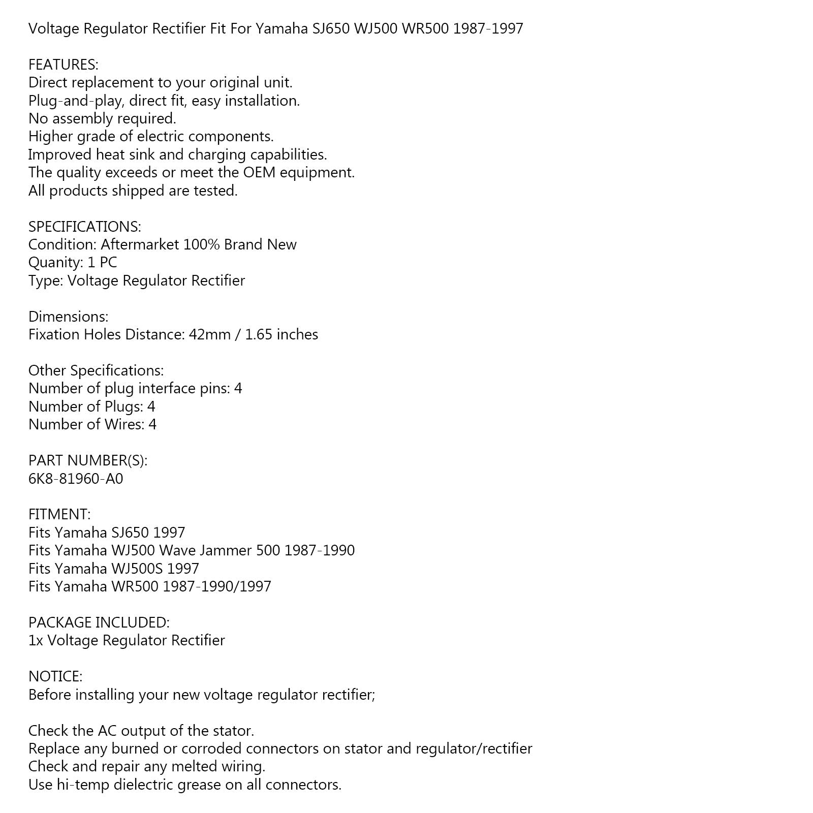 Regulador rectificador de voltaje para Yamaha Wave Runner 500 Super Jet 650 PWC 1987-90 Genérico