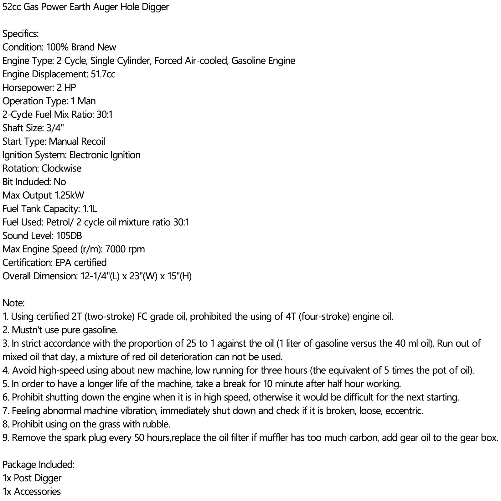 52cc 2-Stroke Gasoline Gas One Man Post Hole Digger Earth Auger Machine 2hp EPA
