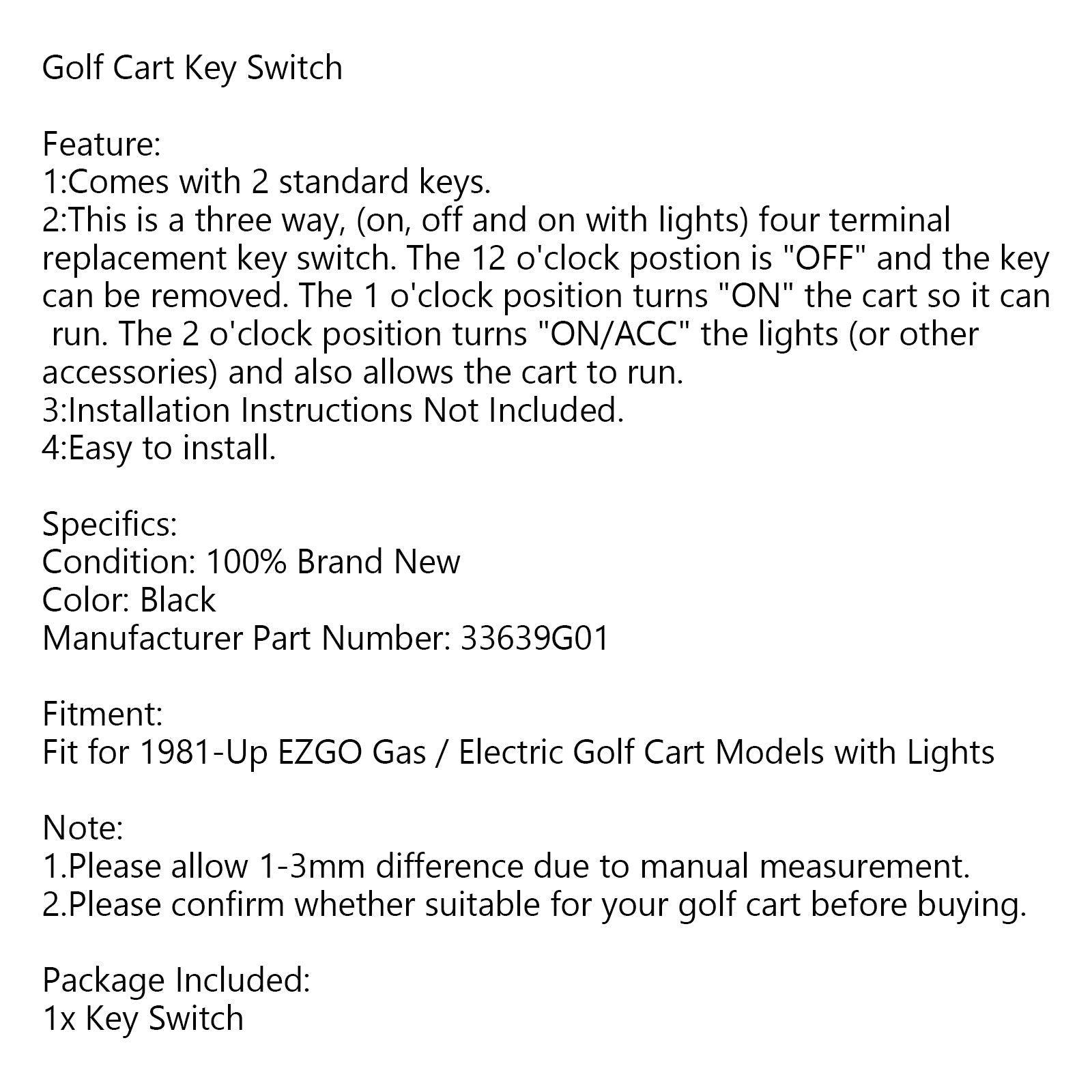 Key Switch for EZGO Cart - 4 Prong w/Factory Lights 81+ Gas & Electric 33639G01