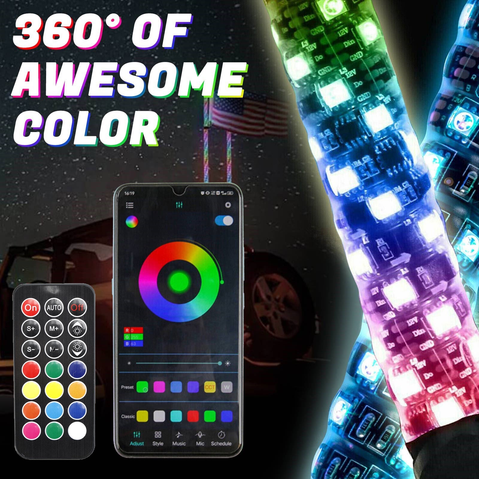 3 피트 RGB LED 팝 채찍 표시등 안테나 폴라리스 UTV ATV에 대한 플래그 리모컨