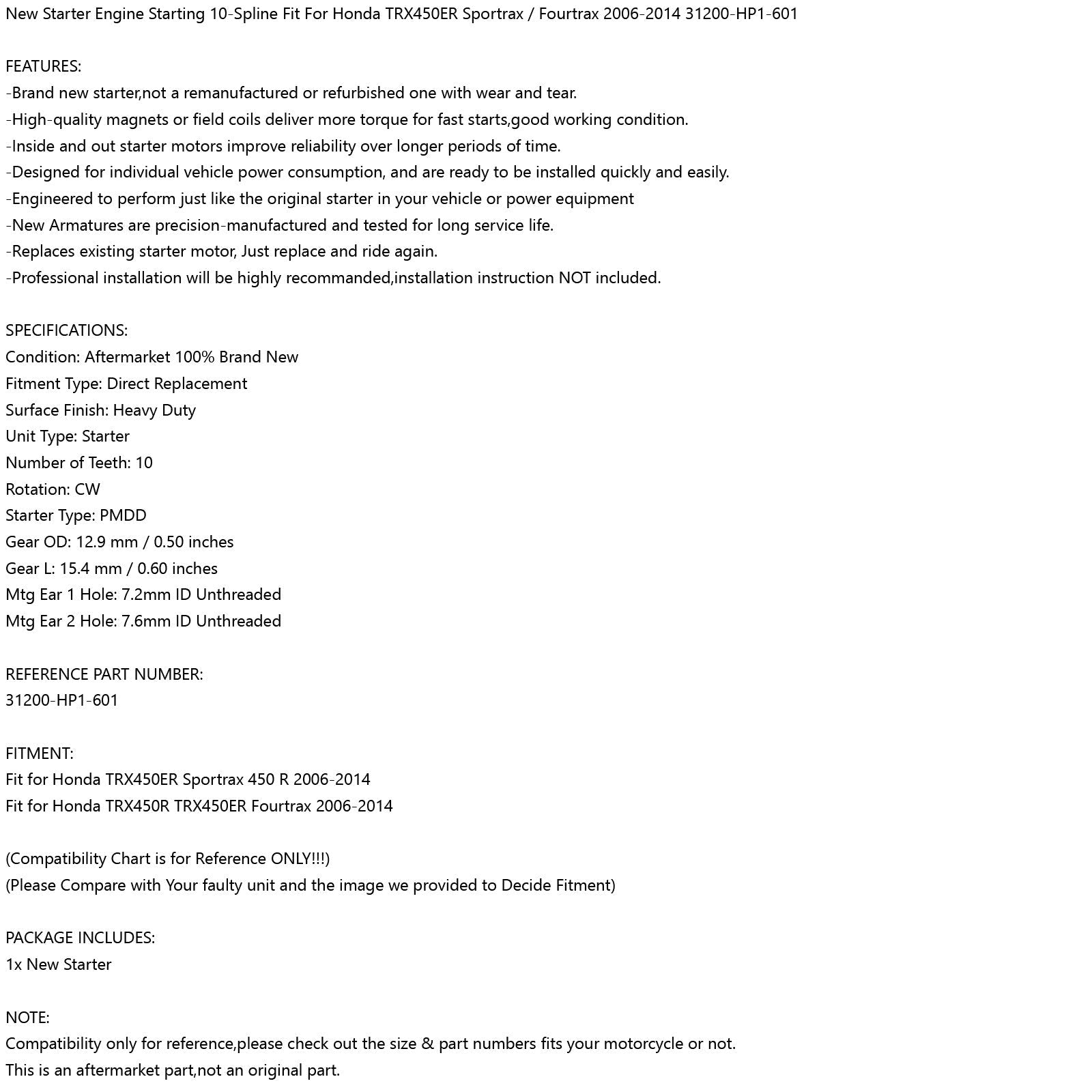 Honda ATV TRX450ER New 31200-HP1-601 2006-2014 제네릭용 스타터 모터 시동 장치