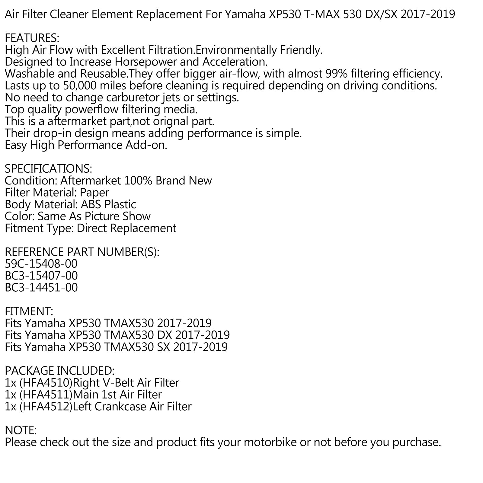 Set of Air Filters for Yamaha XP 530 XP530 TMAX T-MAX 530 SX/DX 2017 2018 2019 Generic