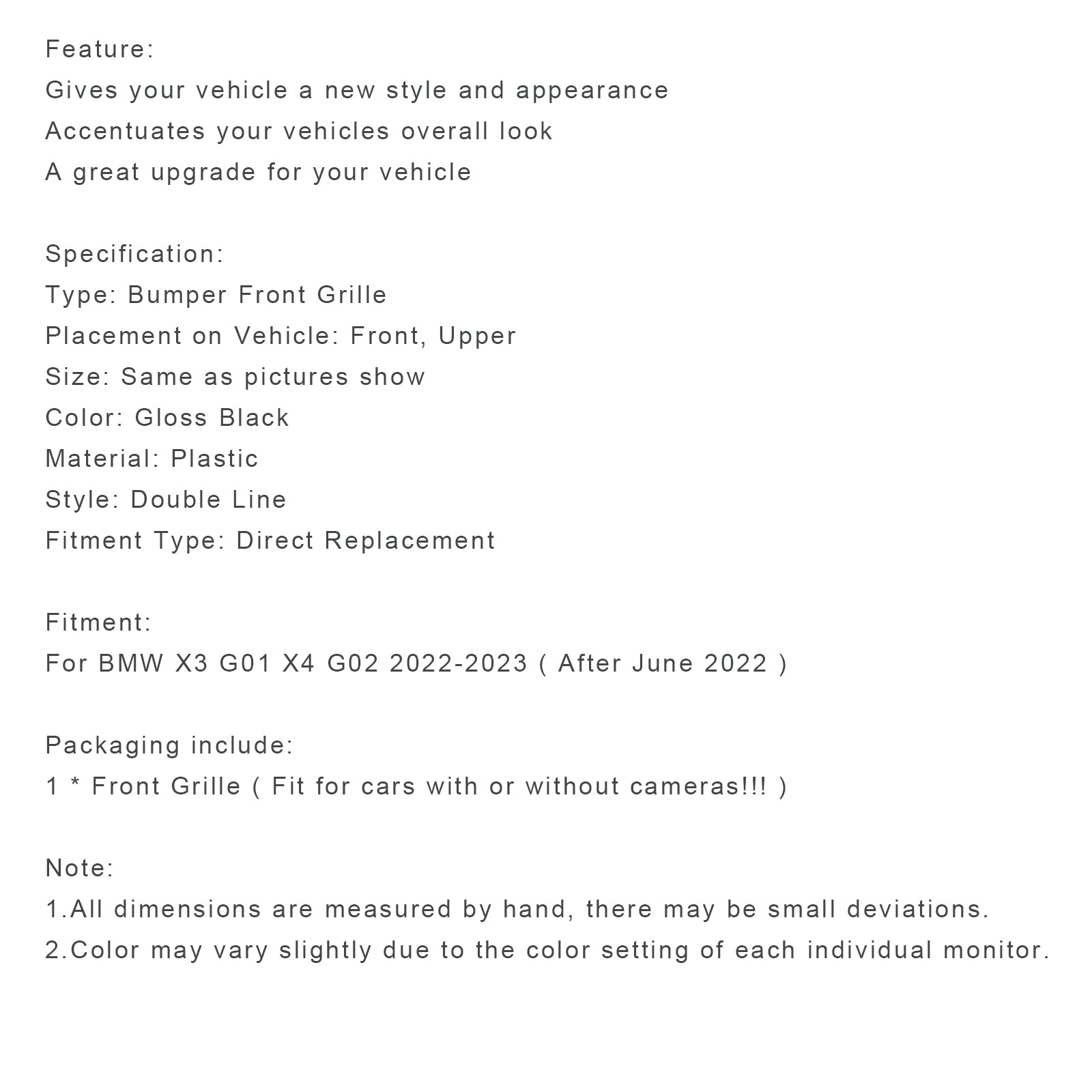 BMW X3 X4 G01 G02 2022 2023 Parrilla frontal tipo riñón negra brillante