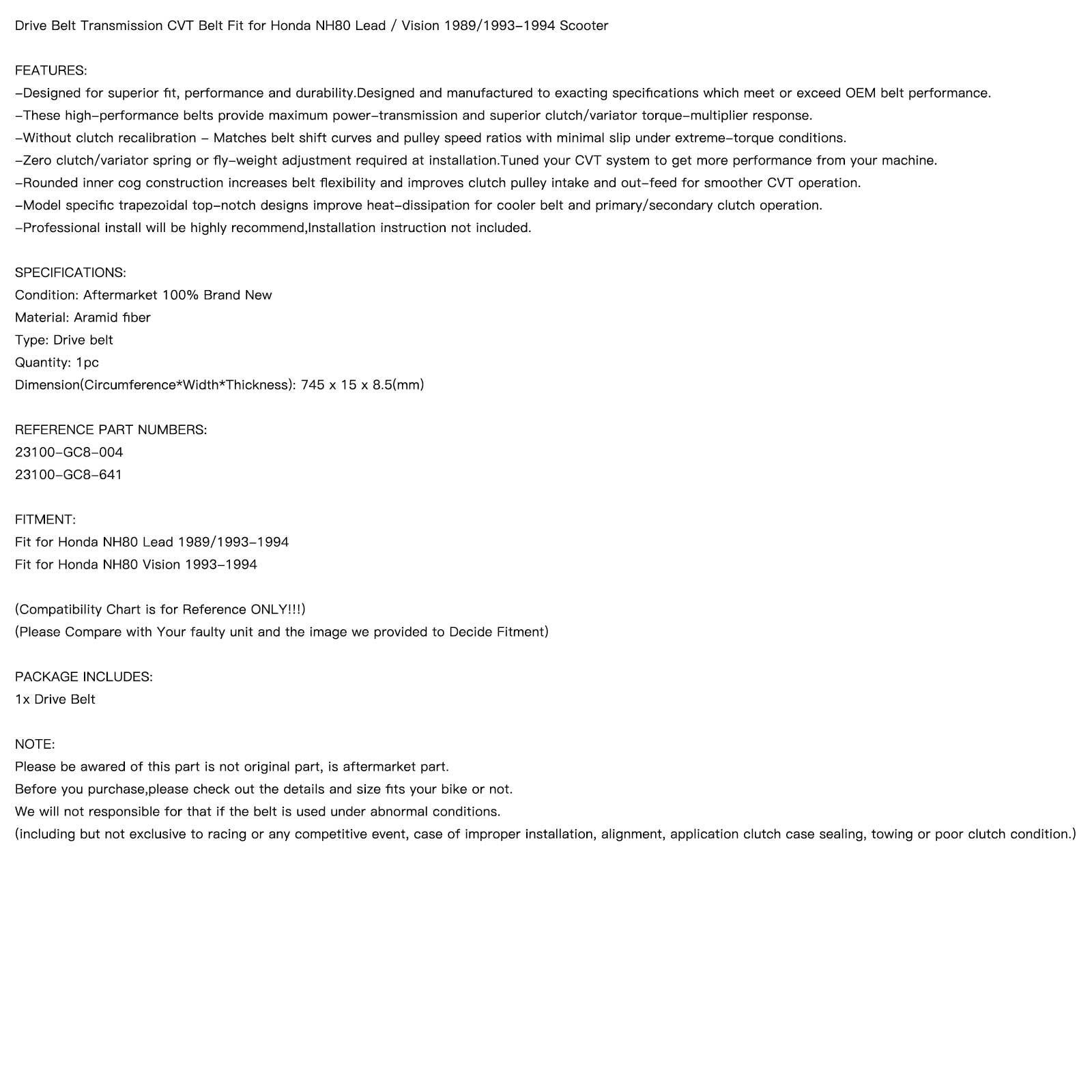 혼다 1993-1994 NH 80 NH80 리드 비전 스쿠터 일반용 구동 전달 벨트