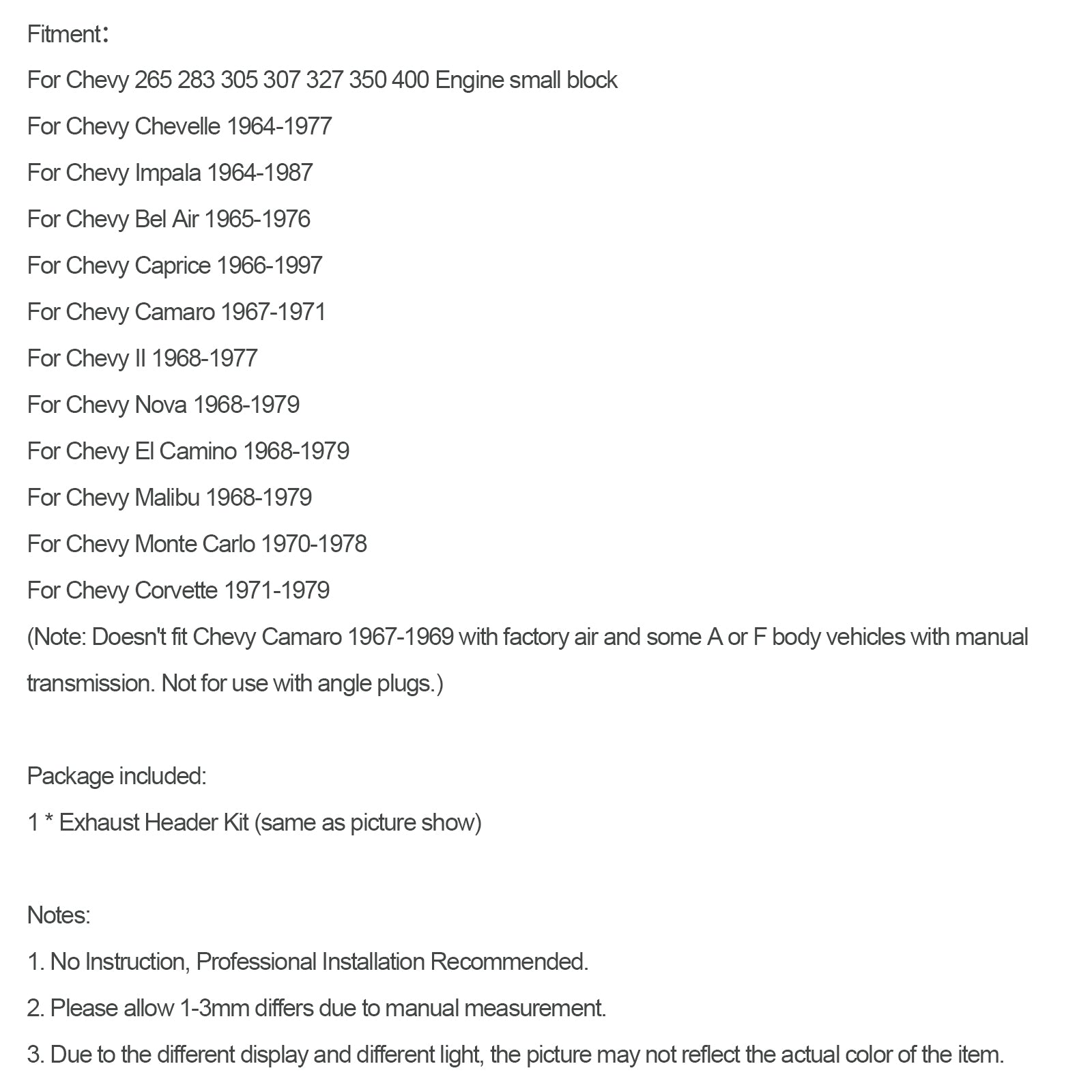 소형 블록 매니폴드 헤더는 Chevy 283 305 350 400 Chevelle Malibu Camaro에 적합합니다.