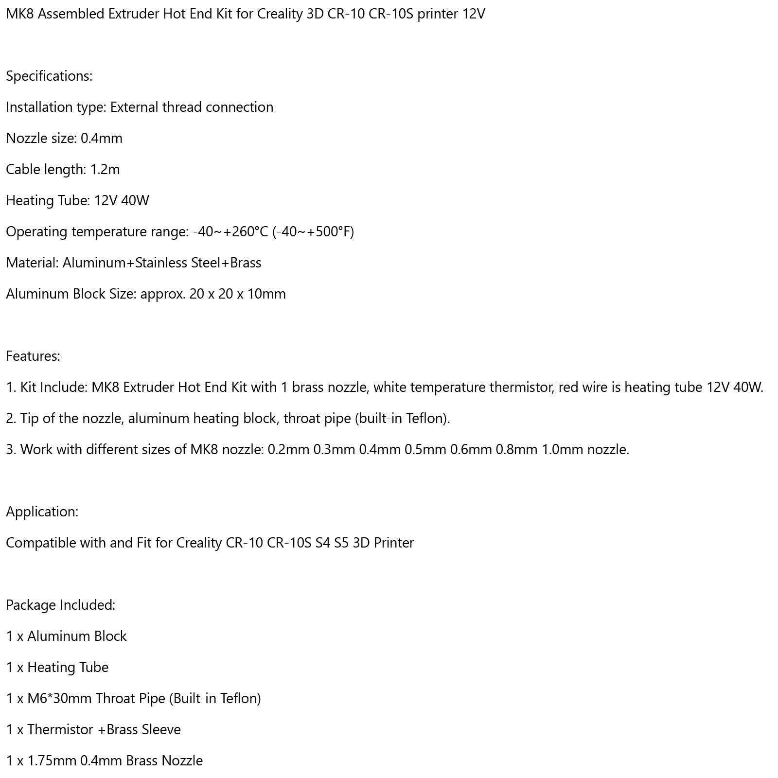 Creality 3D CR-10 CR-10S에 맞는 3D 프린터 업그레이드 압출기 핫엔드 키트 12V