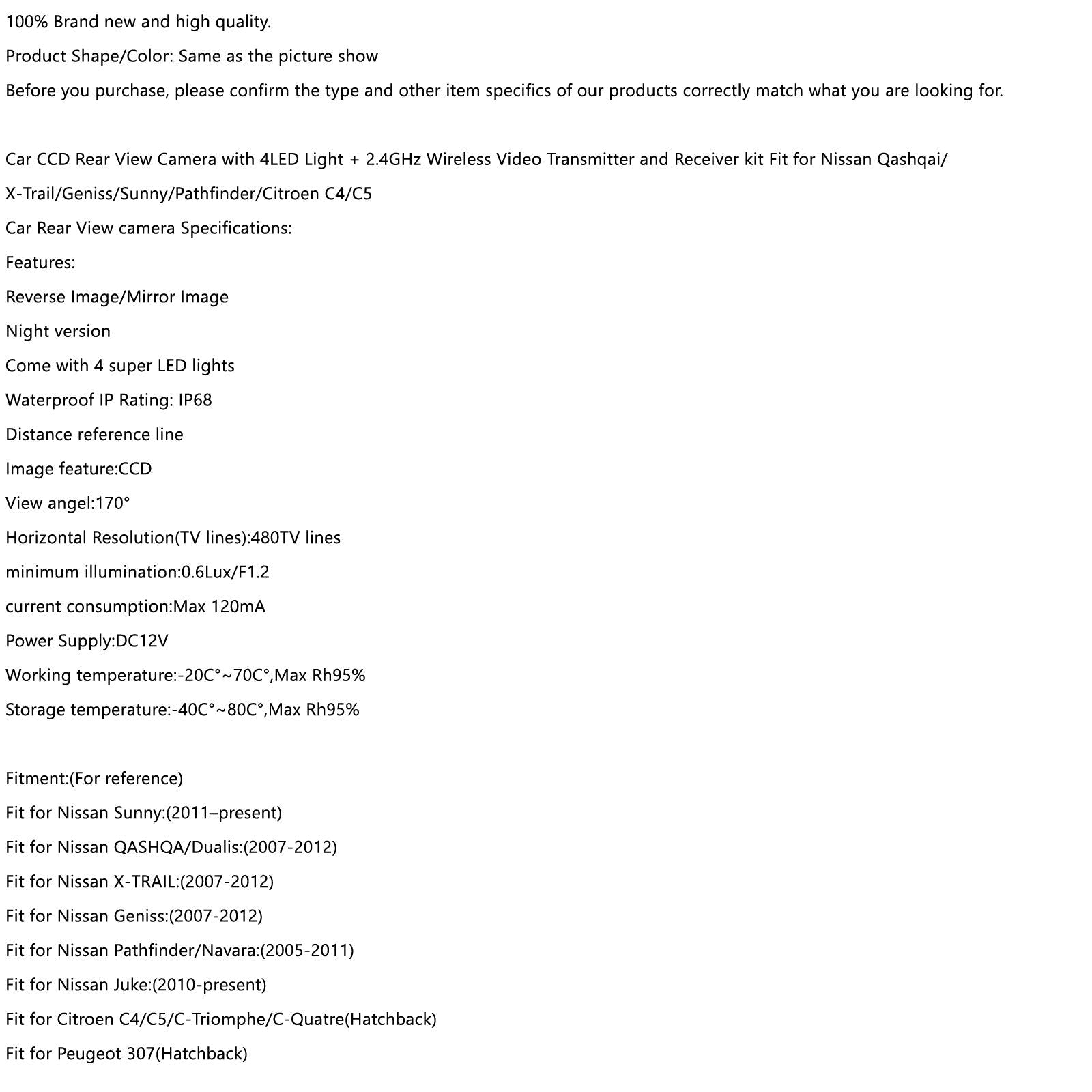 Wireless 4LED Car Rear Camera Fit for Qashqai X-Trail Geniss Sunny Pathfinder