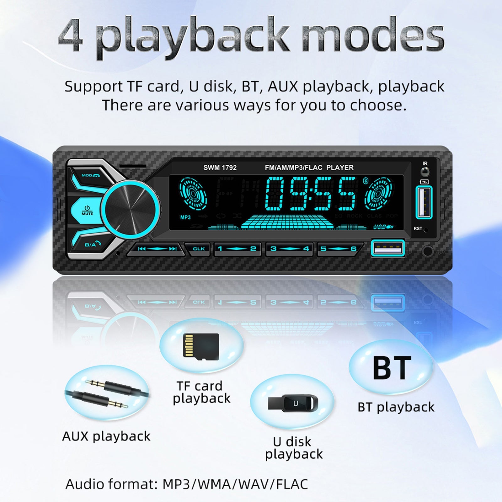 Reproductor MP3 para coche con tarjeta USB y música colorida, Radio de un solo husillo con Bluetooth dual