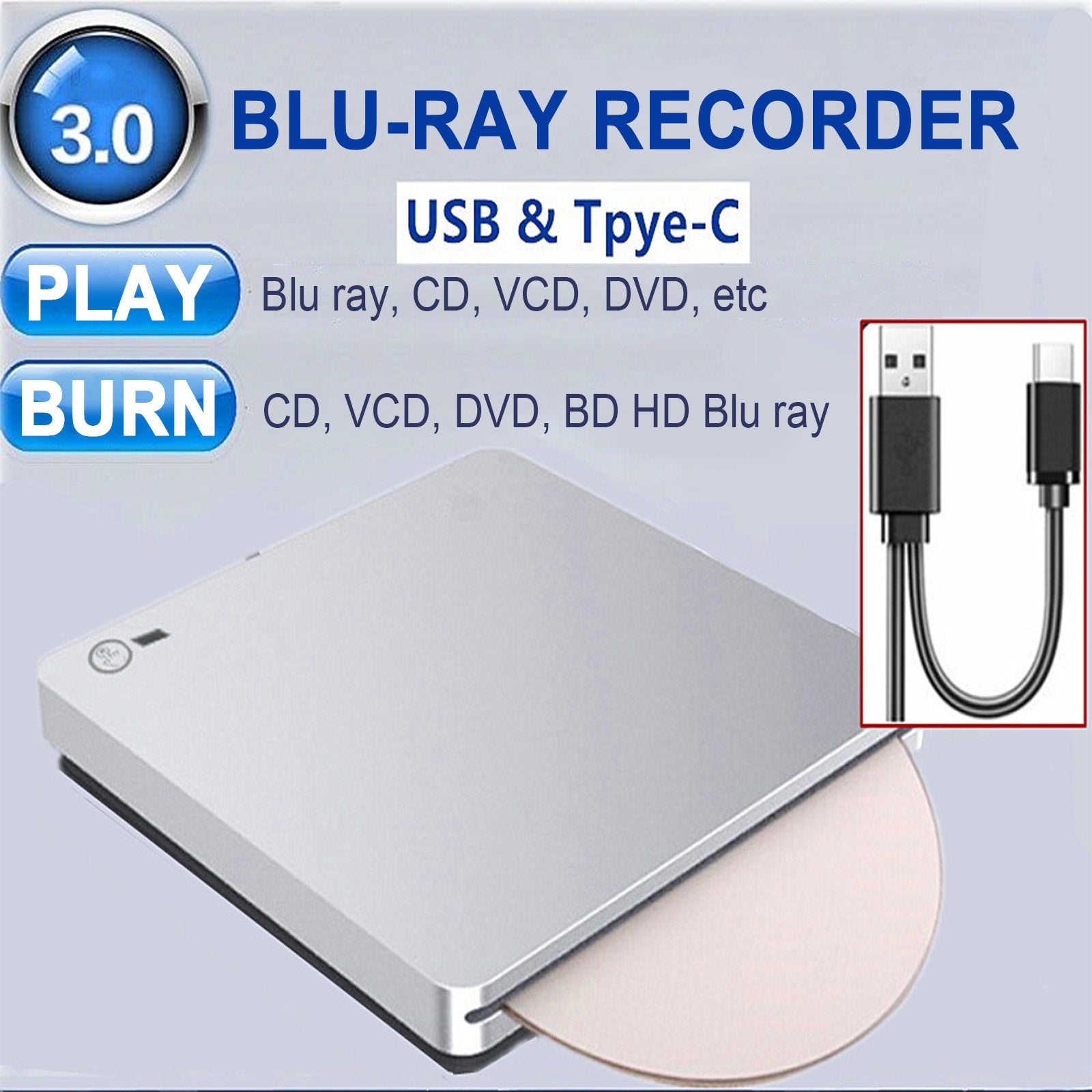 4K Genuine Bluray Burner External USB 3.0 Player BD DVD CD Recorder Cable Drive