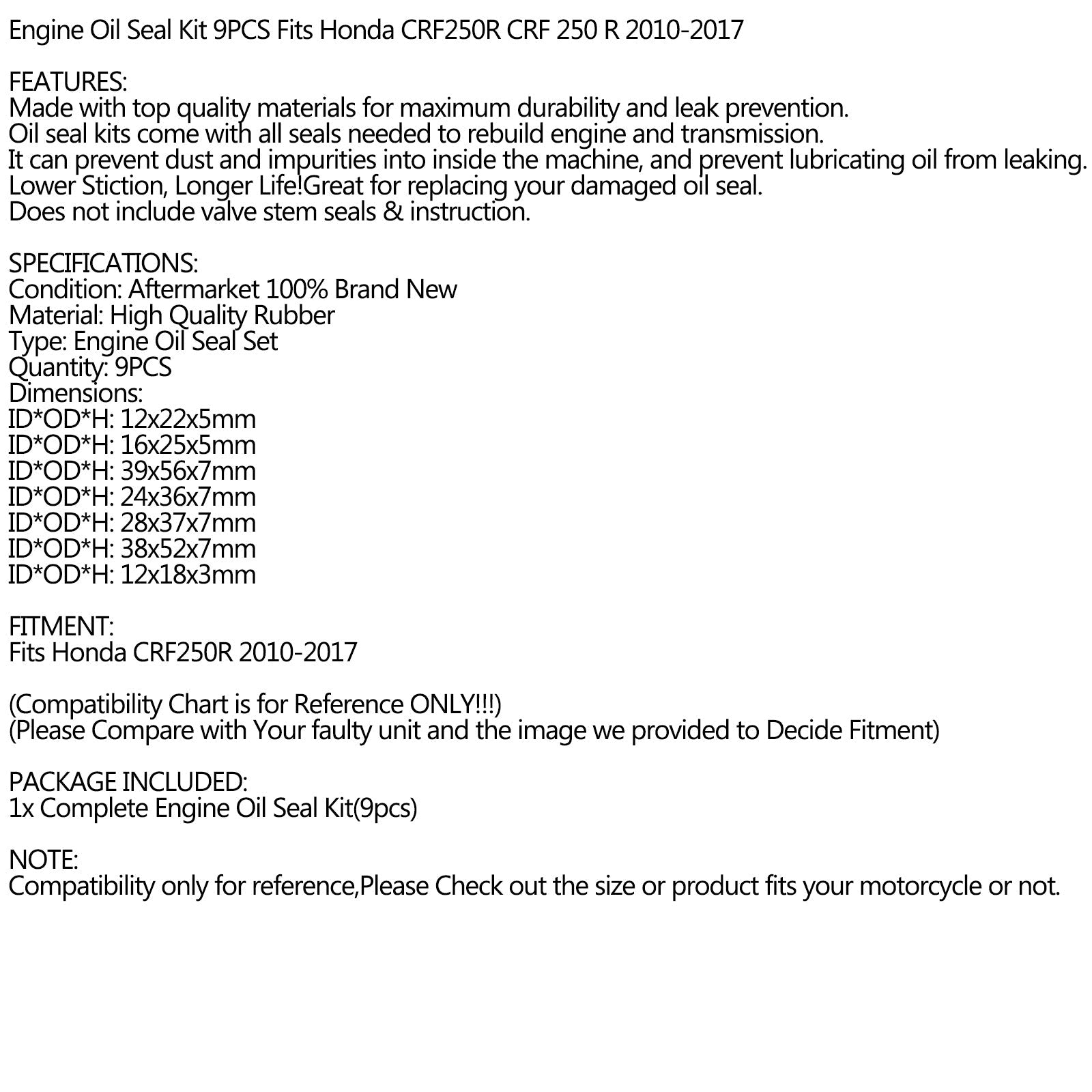 Complete Engine Oil Seal Crankcase Kit - 9pcs for Honda CRF250R 2010???-2017 Generic