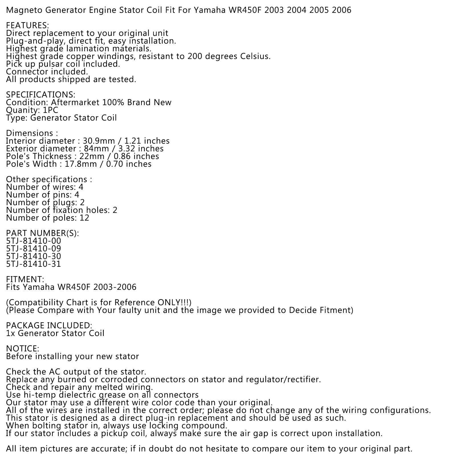Alternator Magneto Stator for Yamaha WR450F WR 450 F 2003 2004 2005 2006 Generic