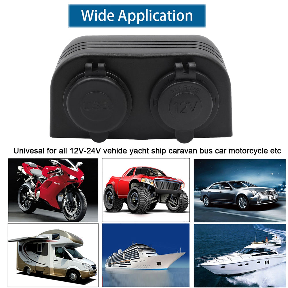 2 In 1 Charger + 12V/24V Cigarette Lighter 2 Hole Panel Fit for Boat Car