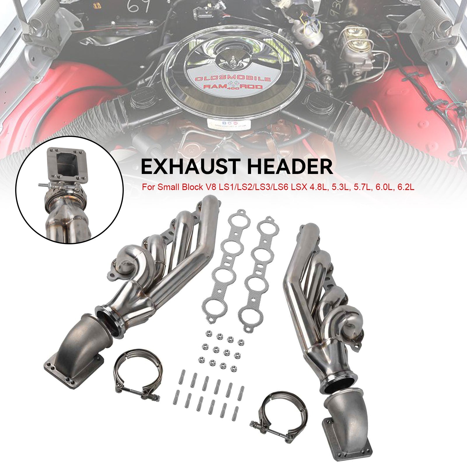 터보 배기 매니폴드 헤더 핏 LS1 LS6 LSX V8 + 엘보 T3 T4 3.0" V 밴드