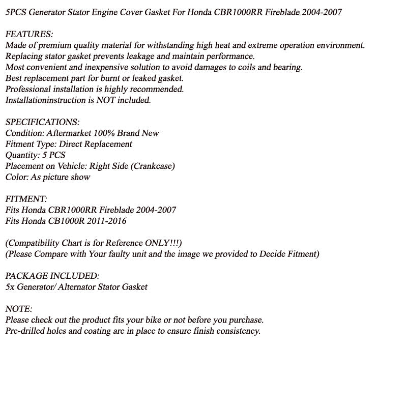 5PCS Stator Cover Gaskets for Honda CBR1000RR Fireblade 04-07 CB1000R 2011-2016 Generic