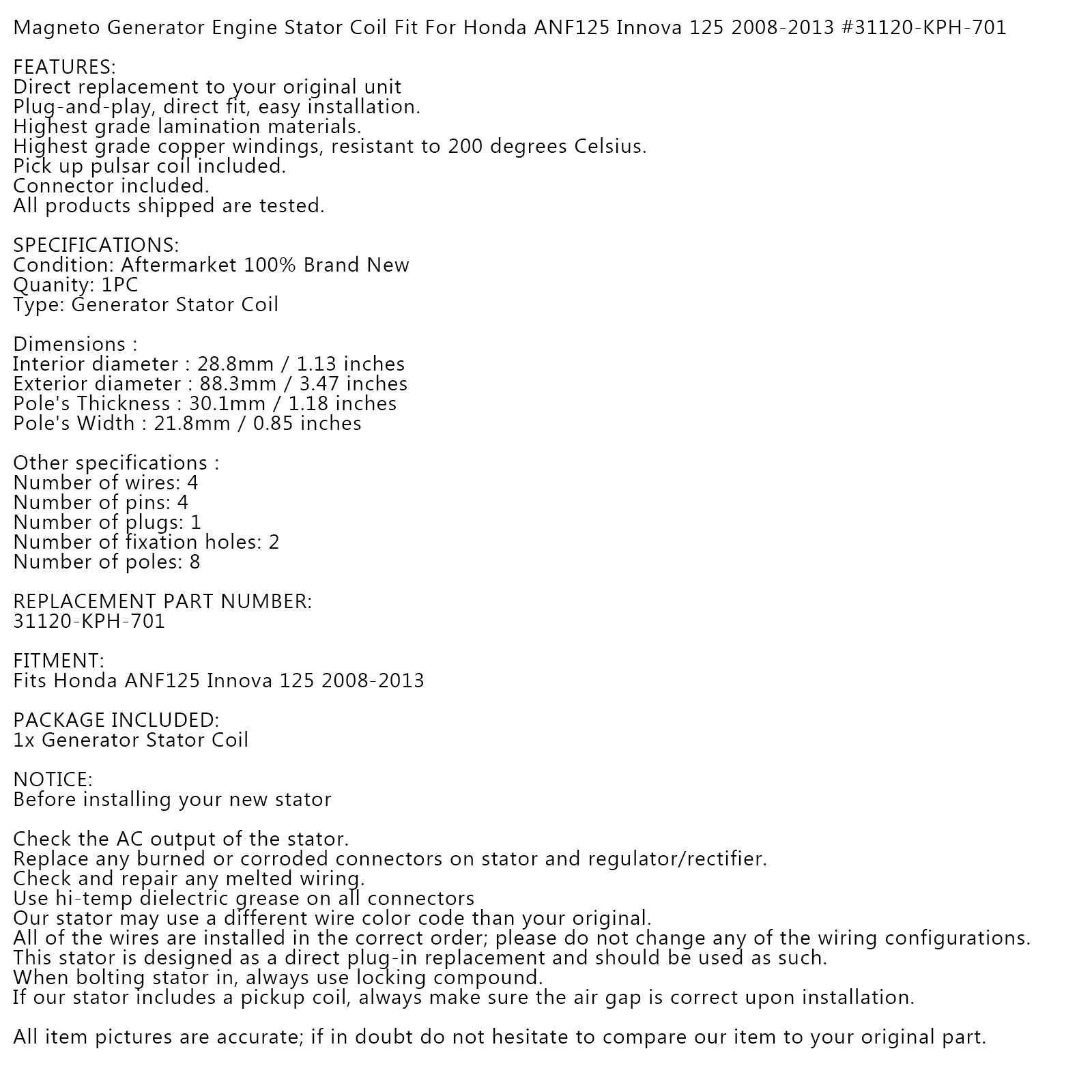 Honda INNOVA ANF 125 ANF125 2007-2013 분사 모델용 4핀 마그네토 발전기 스테이터