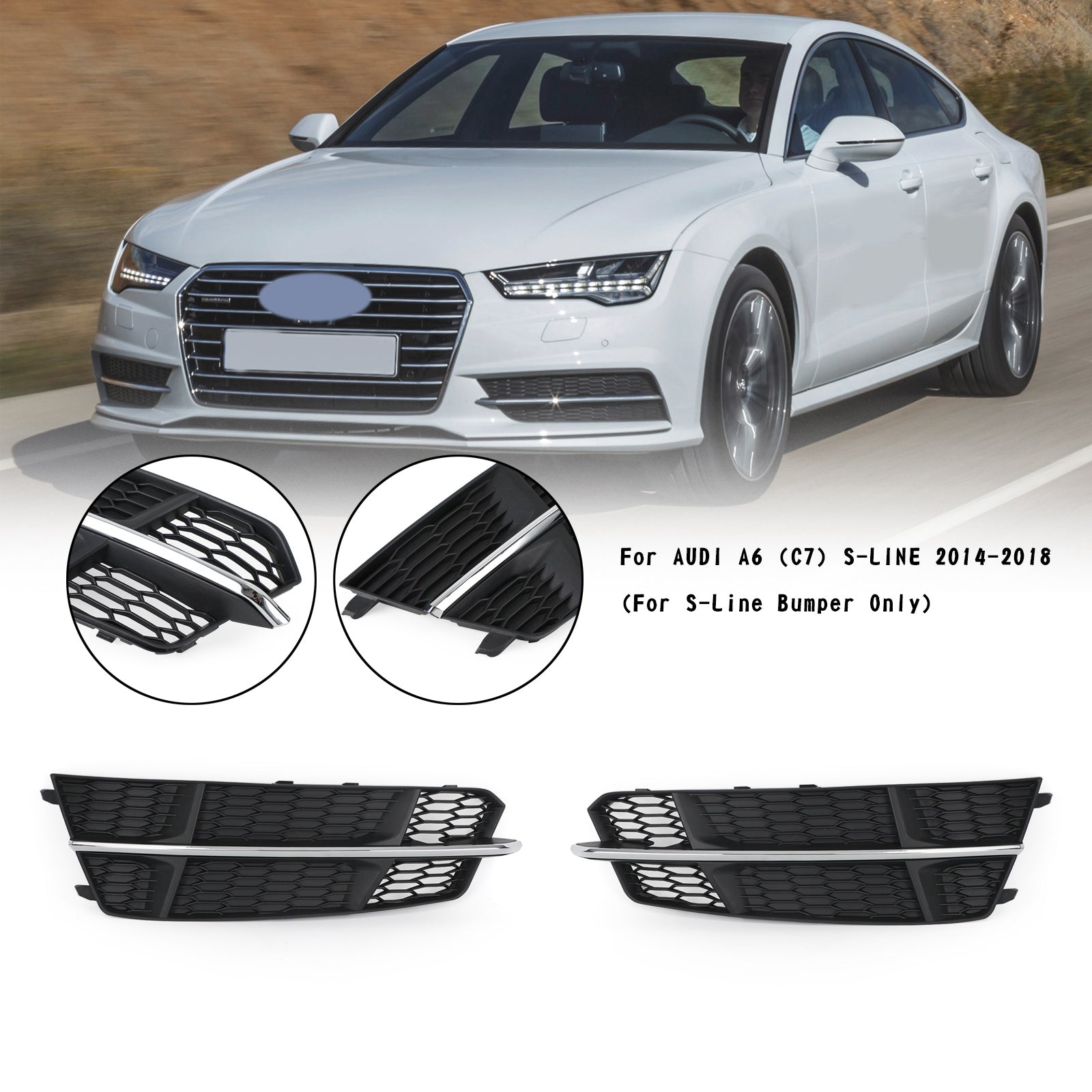 Front Bumper Lower Grille Grill Fit Audi A6 C7 S-Line 2016-2018 Black Chrome Generic