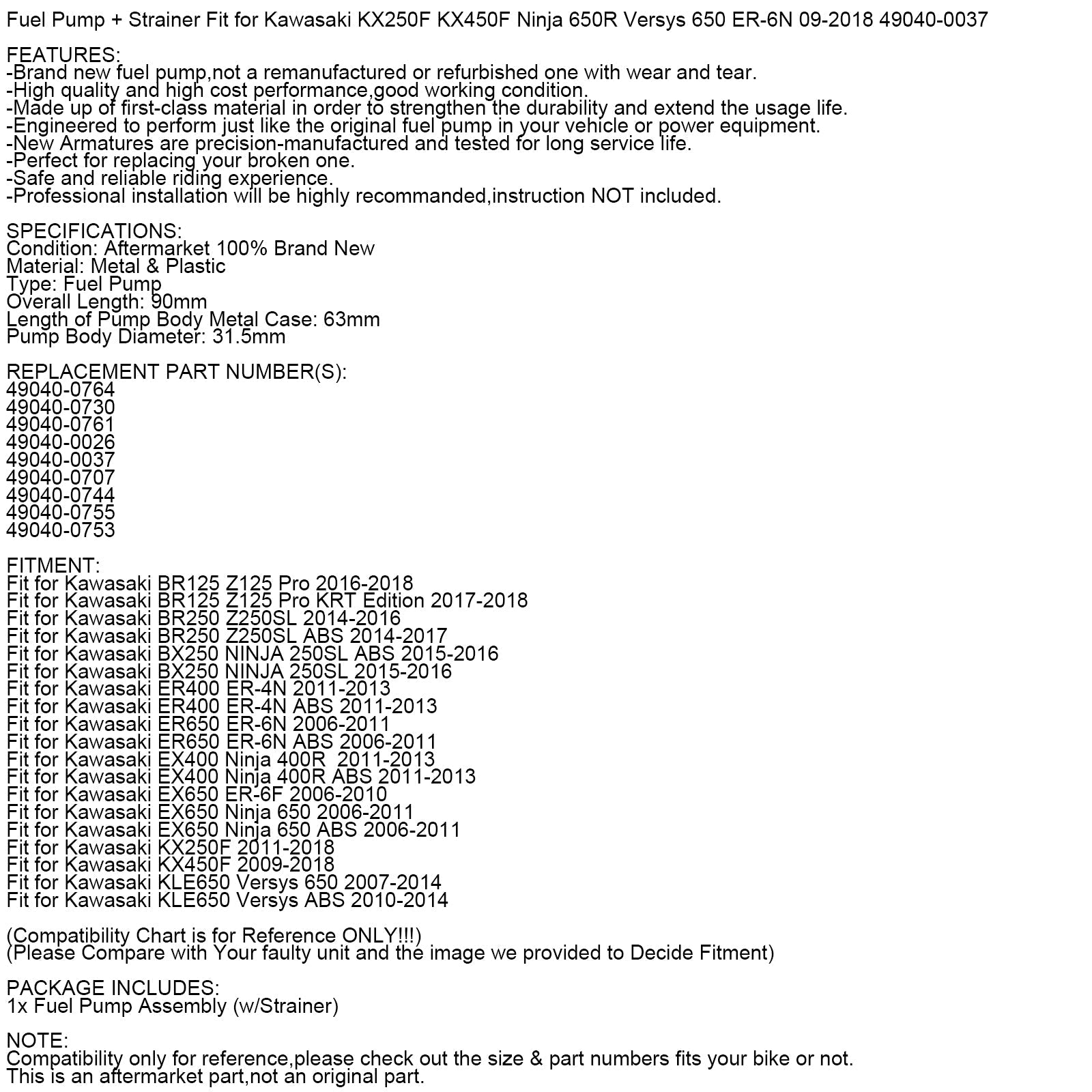 Kawasaki KX 250 450 F Versys EX 650 R Ninja 06-18용 연료 펌프 + 스트레이너 일반