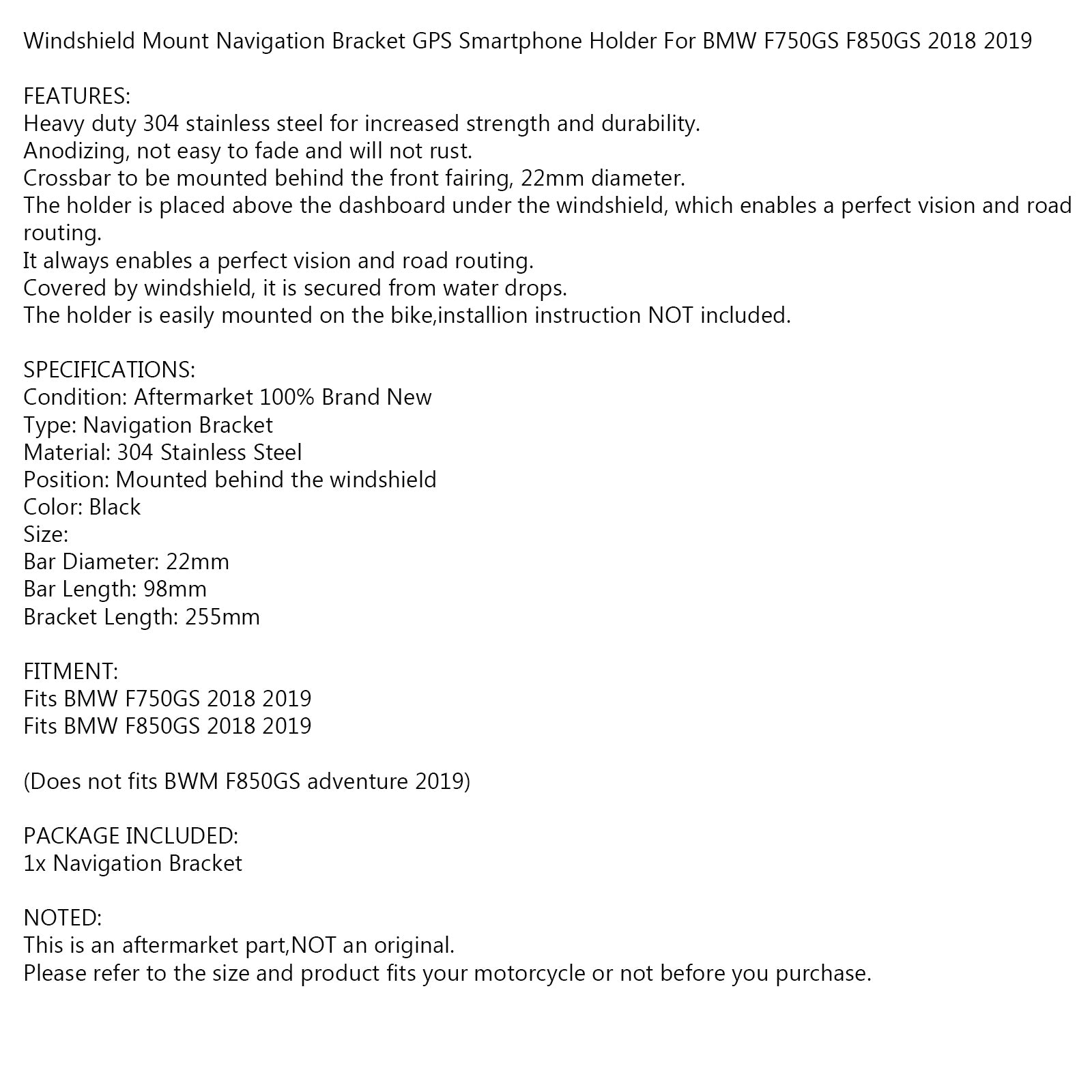 BMW F750GS F850GS 18-19 제네릭용 블랙 윈드스크린 브라켓 마운트 스마트폰/GPS 홀더