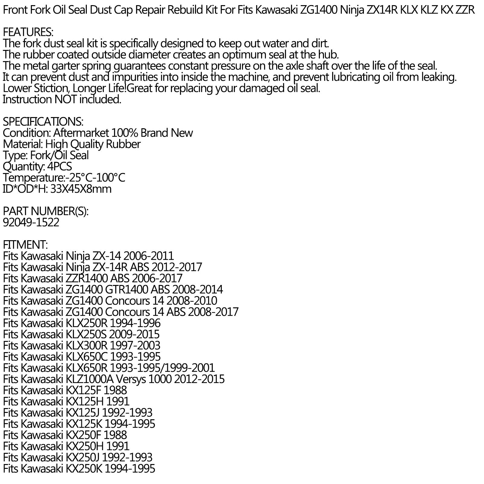 Fork Oil Dust Seal Kit for Kawasaki KX125 KX250 KX500 ZR1100 ZRX1100 ZRX1200 Generic