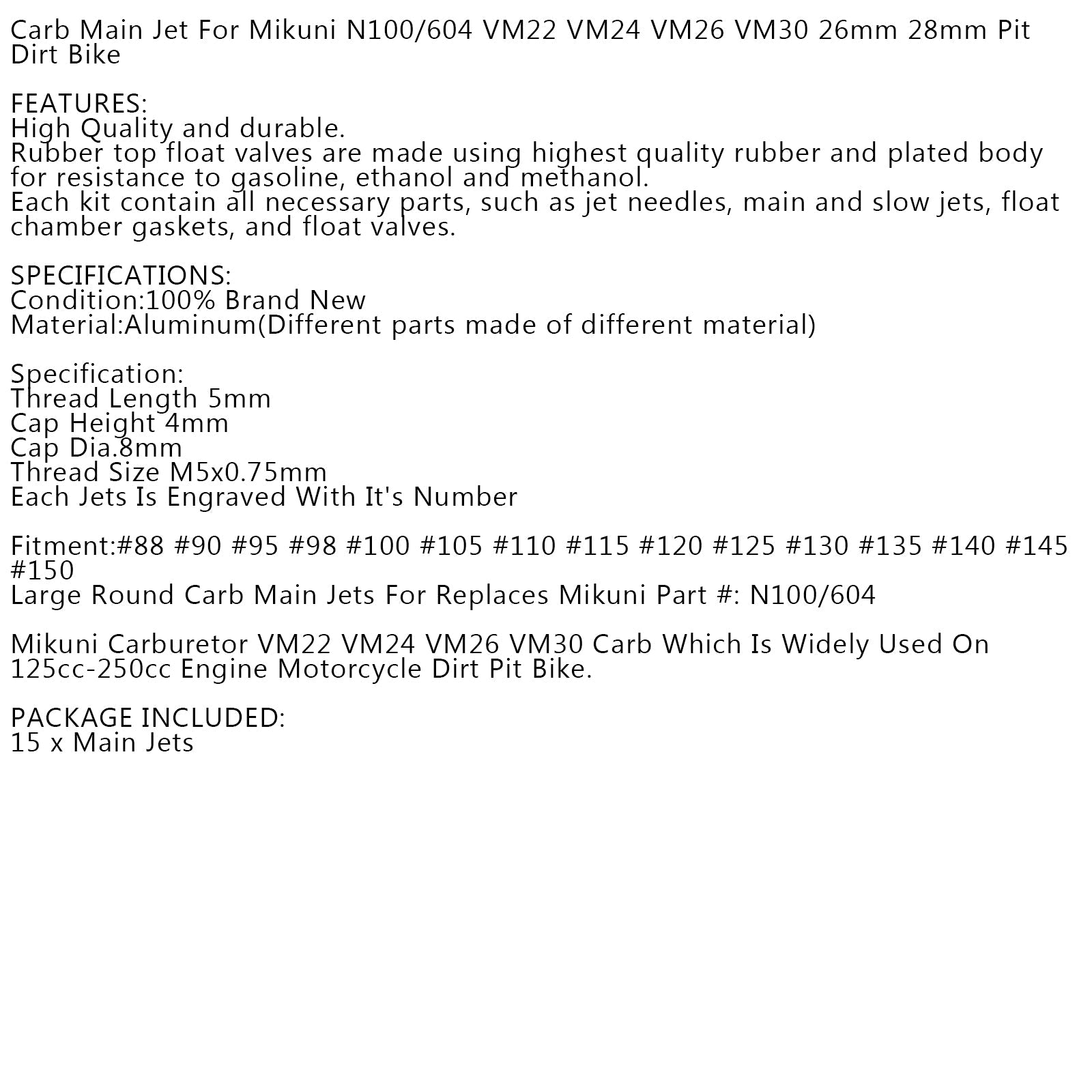 10pcs Main Jets Set For Mikuni Carburetor VM22 VM24 VM26 125cc 150cc 200cc 250cc Generic