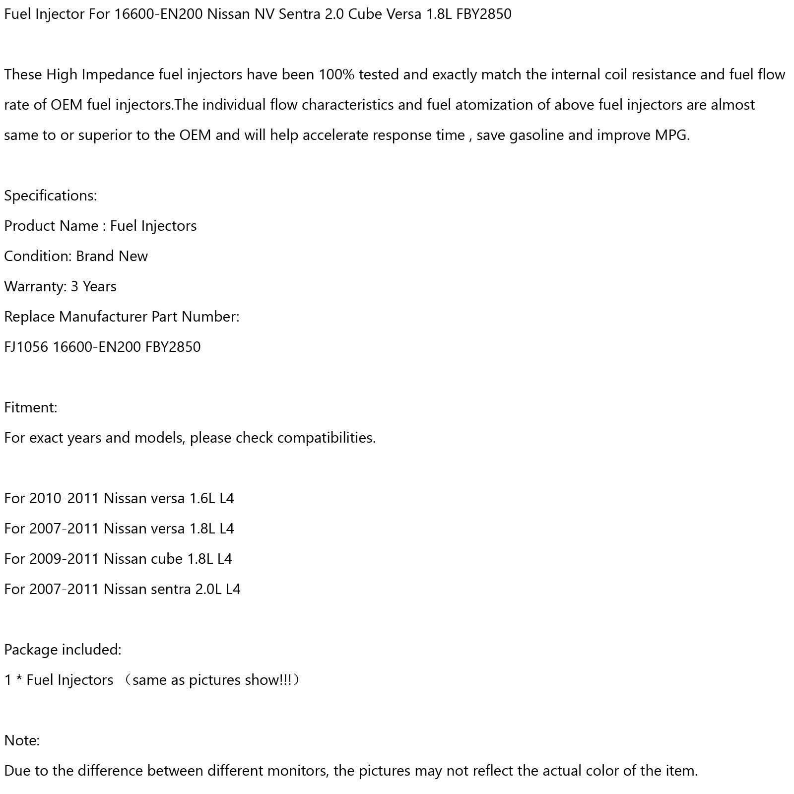 1개 연료 분사기 핏 16600-EN200 닛산 NV 센트라 2.0 큐브 버사 1.8L FBY2850 제네릭