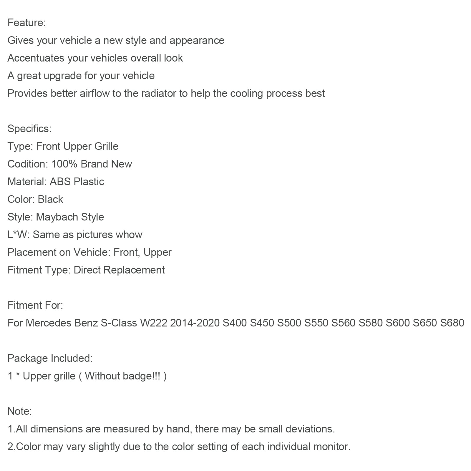 Mercedes-Benz Clase S W222 S500 S550 S600 2014-2020 W/ACC Parrilla delantera