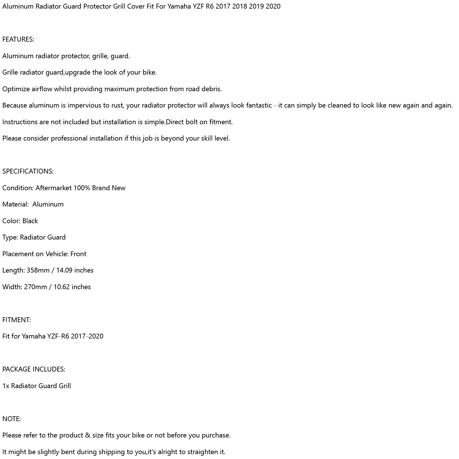 야마하 YZF R6 YZF-R6 2017-2020용 검정색 라디에이터 가드 커버 보호대 일반