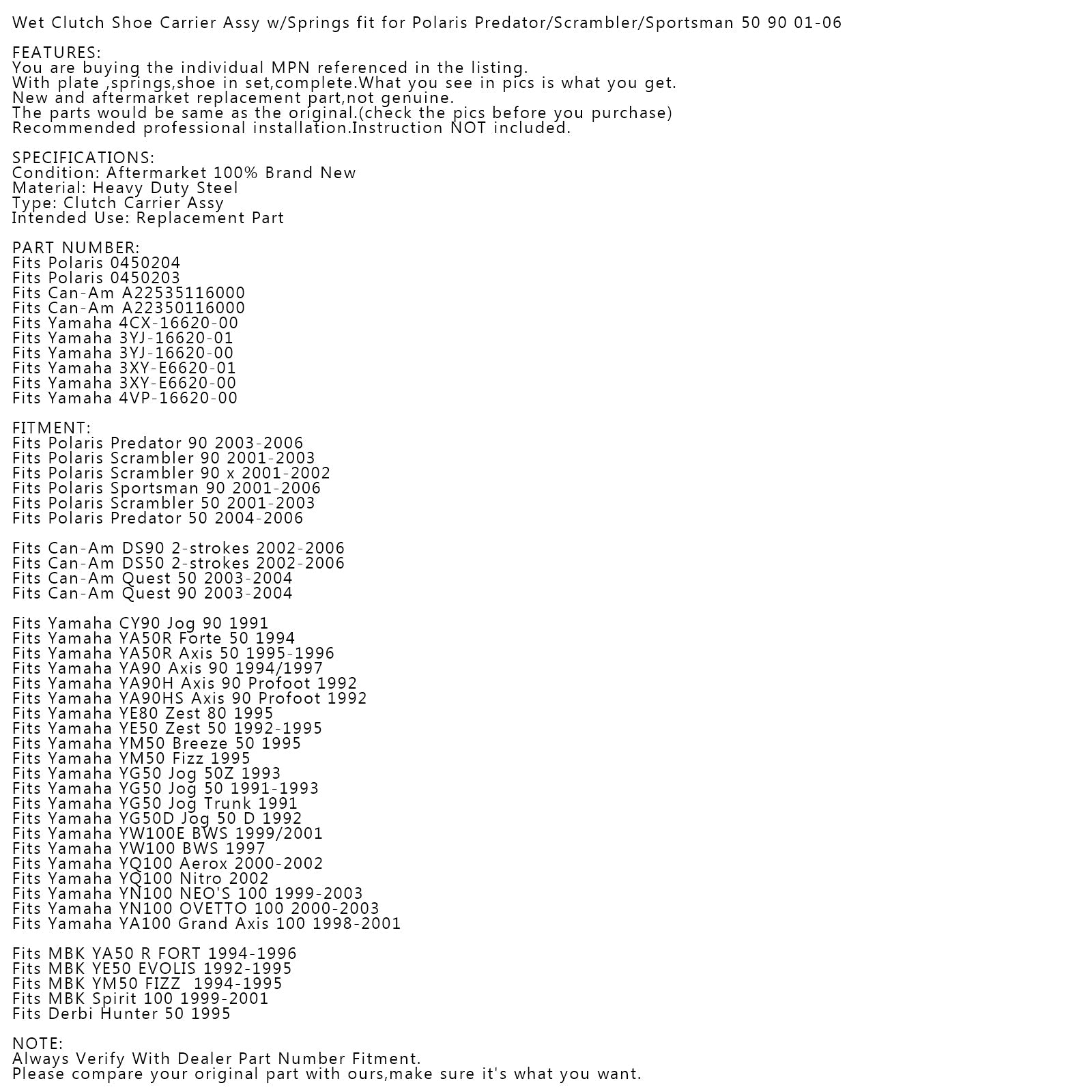 Complete Clutch Shoes Weight Set & Spring for Yamaha YQ YW YN YG YA YM 50 90 100 Generic