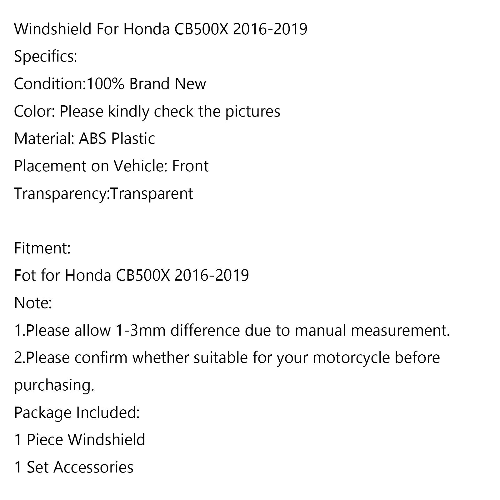 ABS Plastic Motorcycle Windshield Windscreen for Honda CB500X 2016-2023 Generic