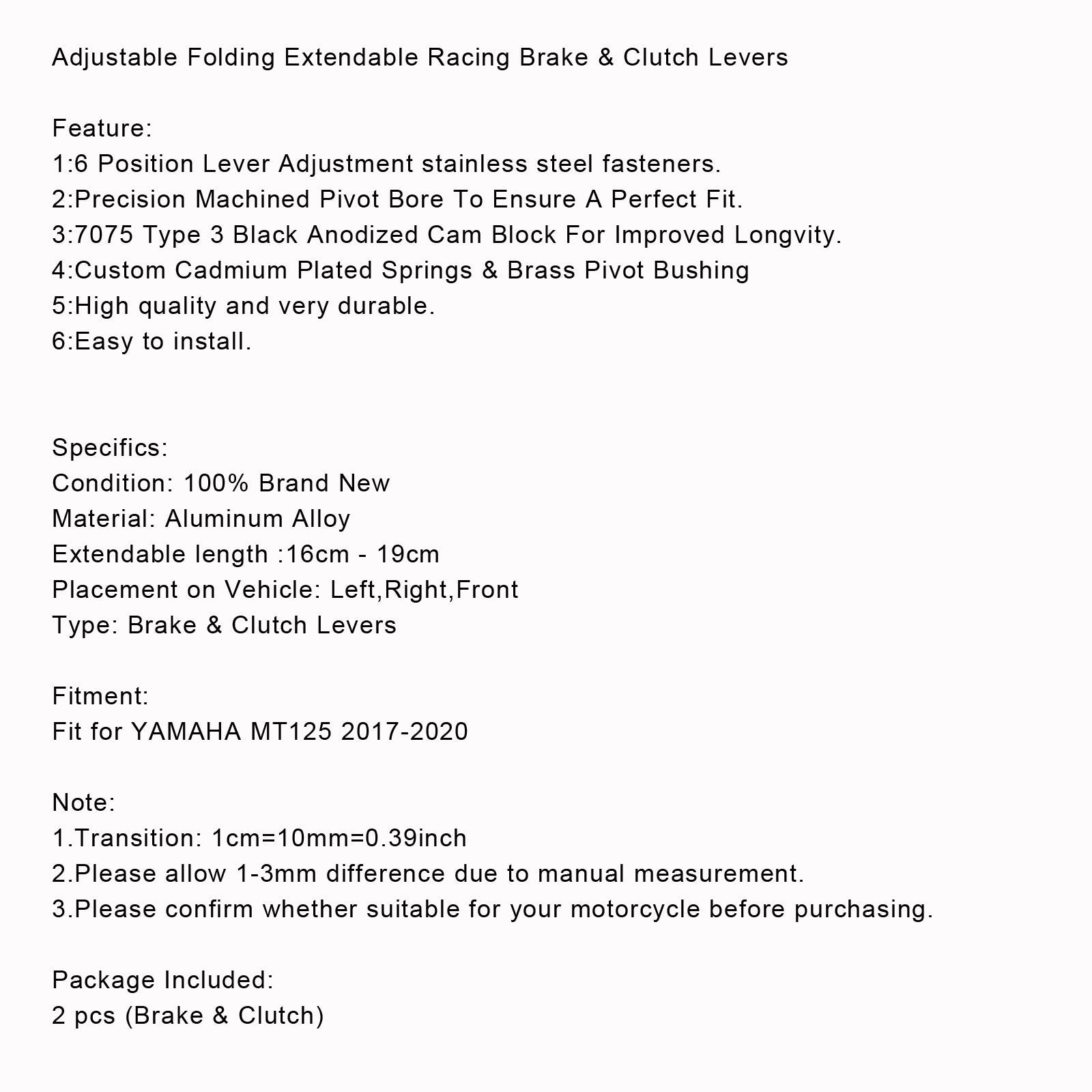 YAMAHA MT125 2014-2019용 오토바이 조절식 클러치 브레이크 레버 일반