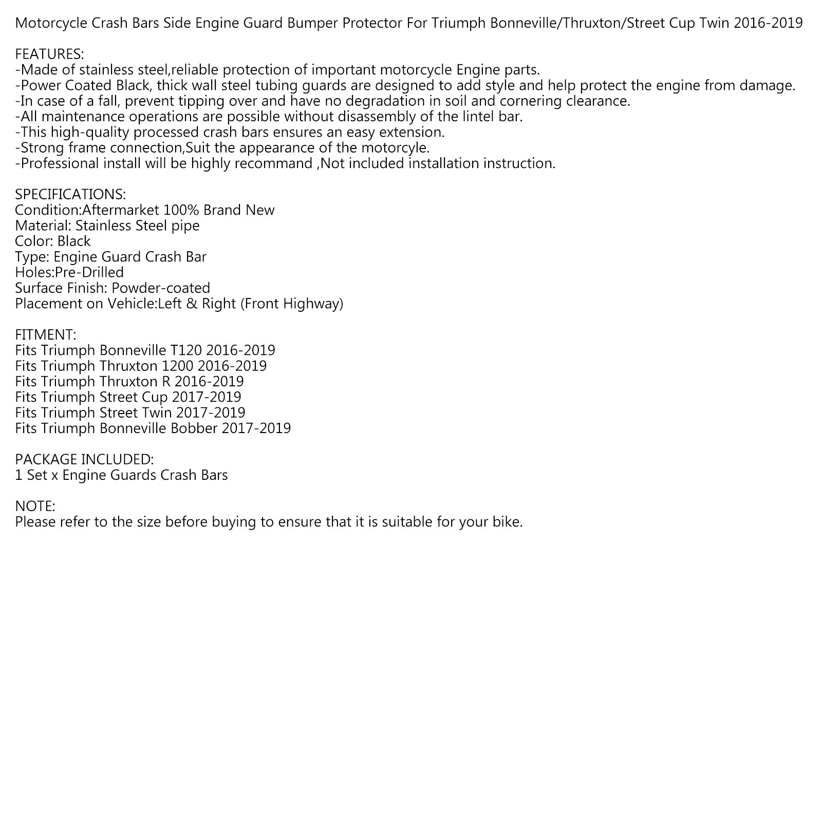 Engine Guards Crash Bars Fit for Triumph Bonneville T120 T100 Bobber 2016-2024 Generic