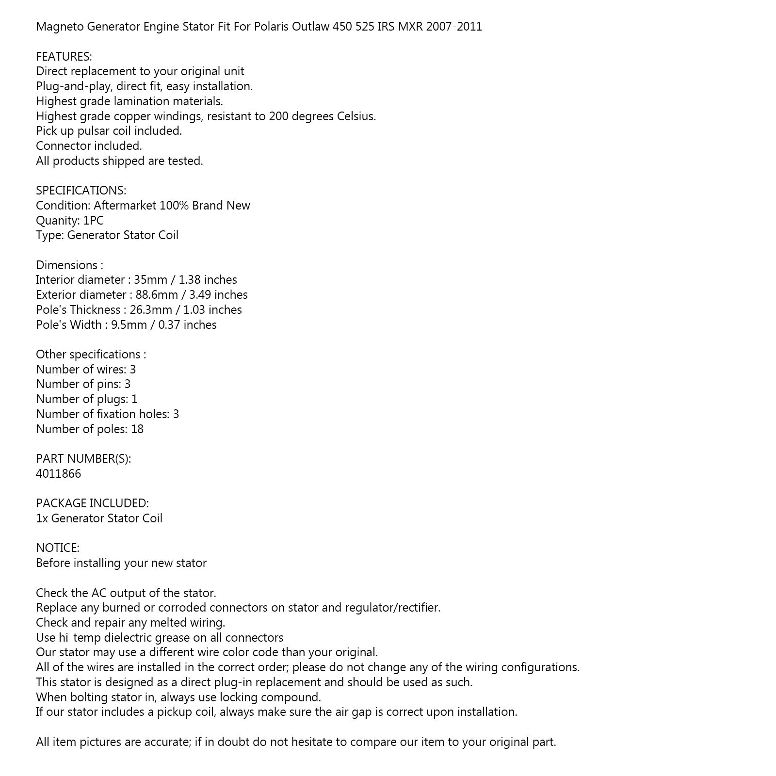 Polaris Outlaw 450s 및 525 07-11 ATV 4011866에 맞는 스테이터 발전기 교류 발전기