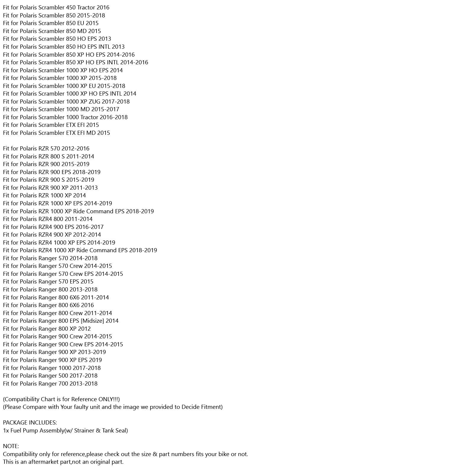 Polaris Scrambler 850 2013-2019용 연료 펌프 + 스트레이너 + 탱크 씰 #2521362 일반