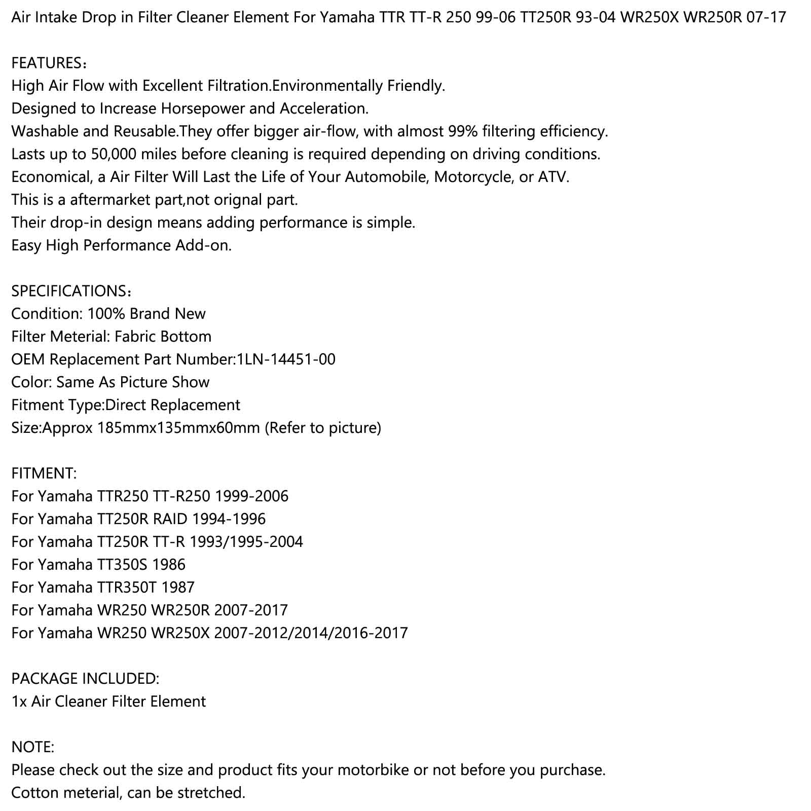 Air Filter Cleaner For Yamaha TT250R TTR250 93-06 WR250 R/X 07-17 1LN-14451-00 Generic